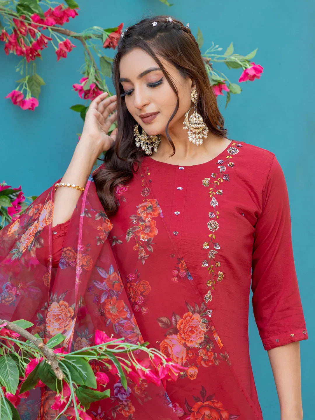 Hand Worked Silk Kurti Pant Dupatta Set for Women – Maroon - Evara Clothes