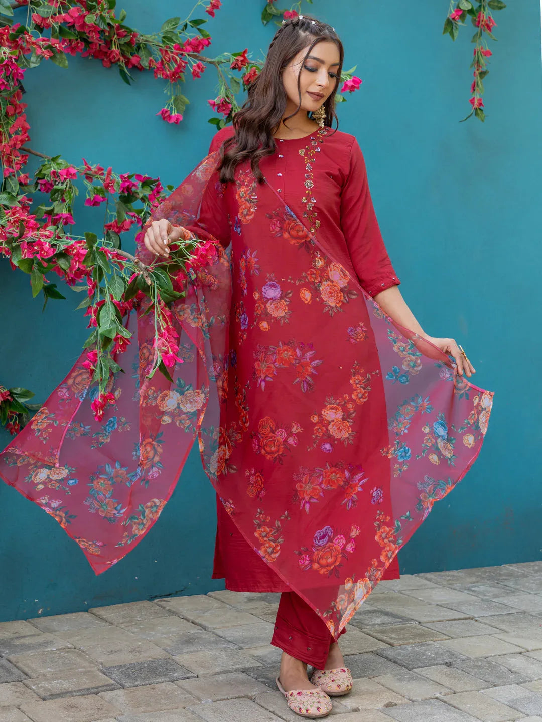 Hand Worked Silk Kurti Pant Dupatta Set for Women – Maroon - Evara Clothes