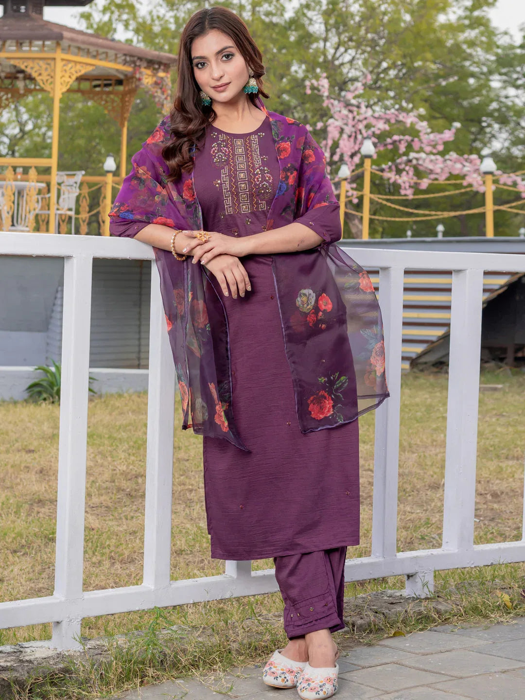 Hand Worked Silk Kurti Pant Dupatta Set for Women – Purple - Evara Clothes