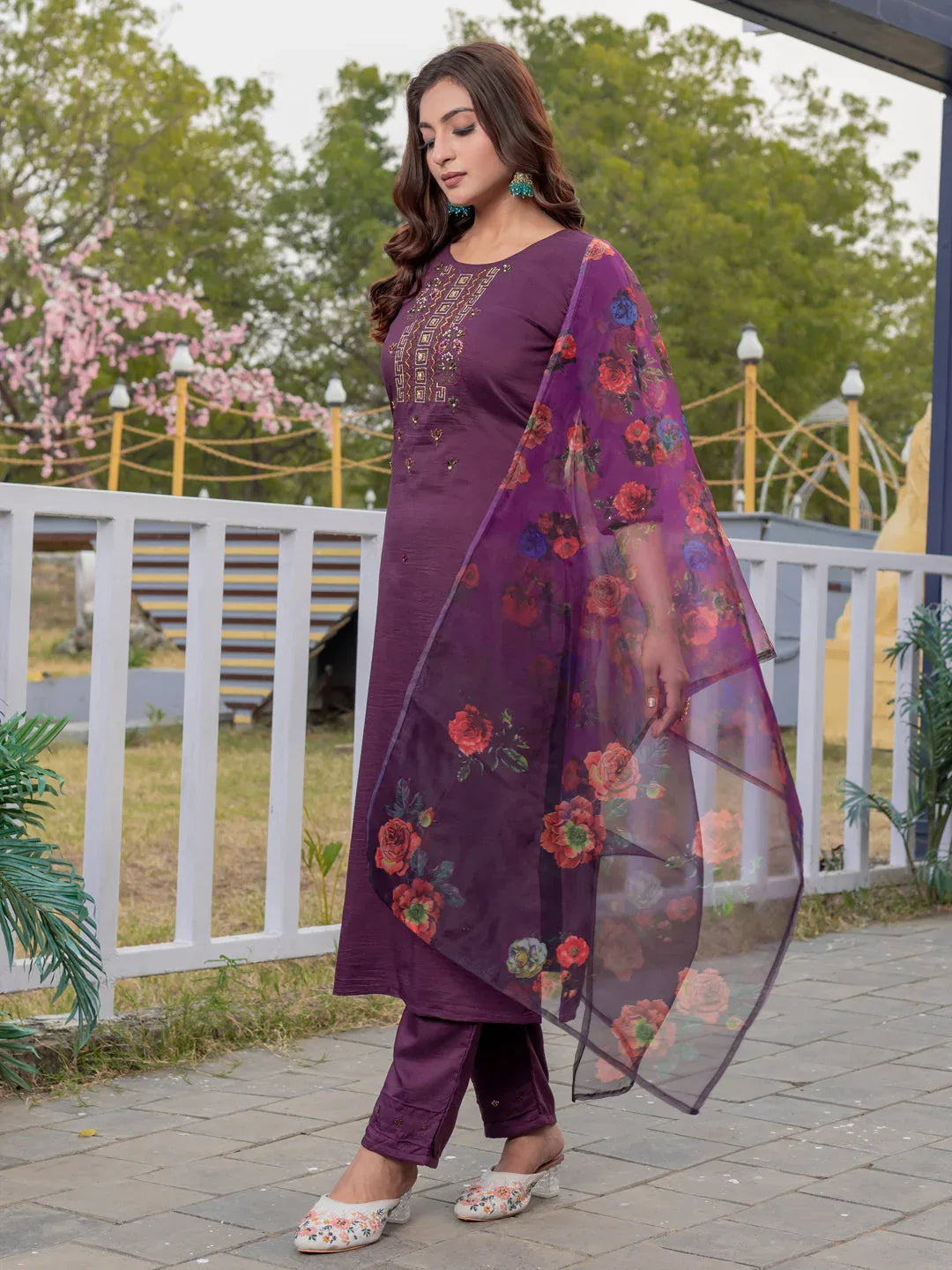 Hand Worked Silk Kurti Pant Dupatta Set for Women – Purple - Evara Clothes