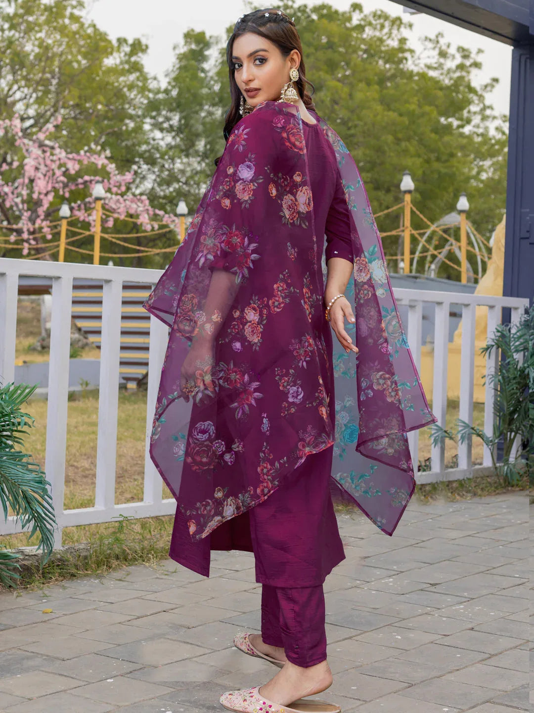 Hand Worked Silk Kurti Pant Dupatta Set for Women – Purple - Evara Clothes