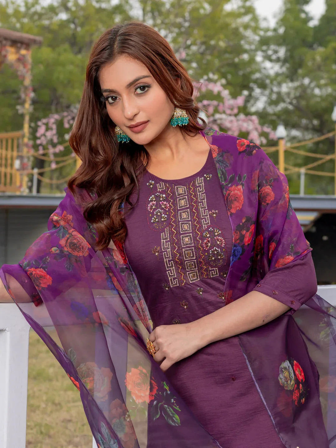 Hand Worked Silk Kurti Pant Dupatta Set for Women – Purple - Evara Clothes