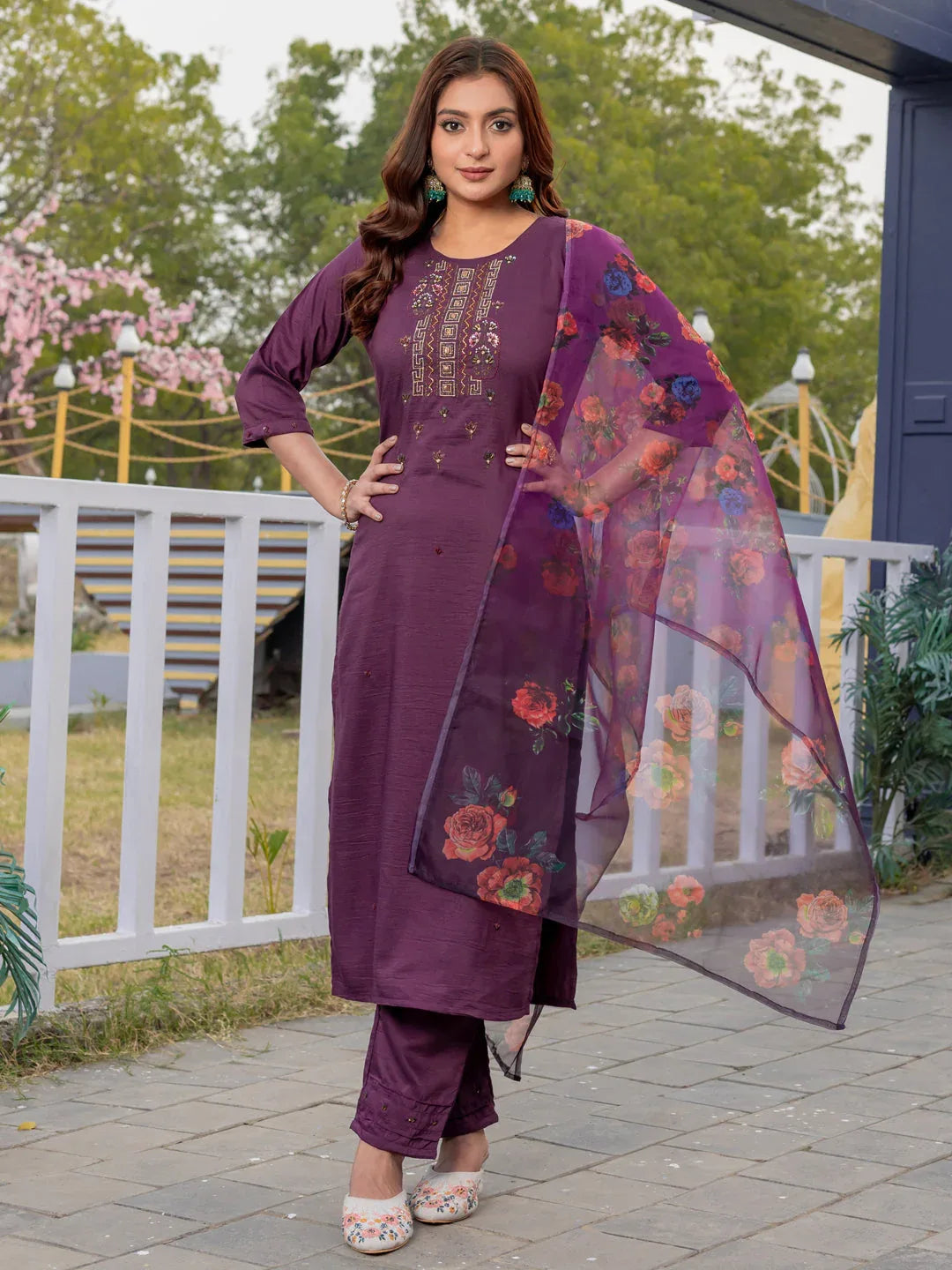 Hand Worked Silk Kurti Pant Dupatta Set for Women – Purple - Evara Clothes