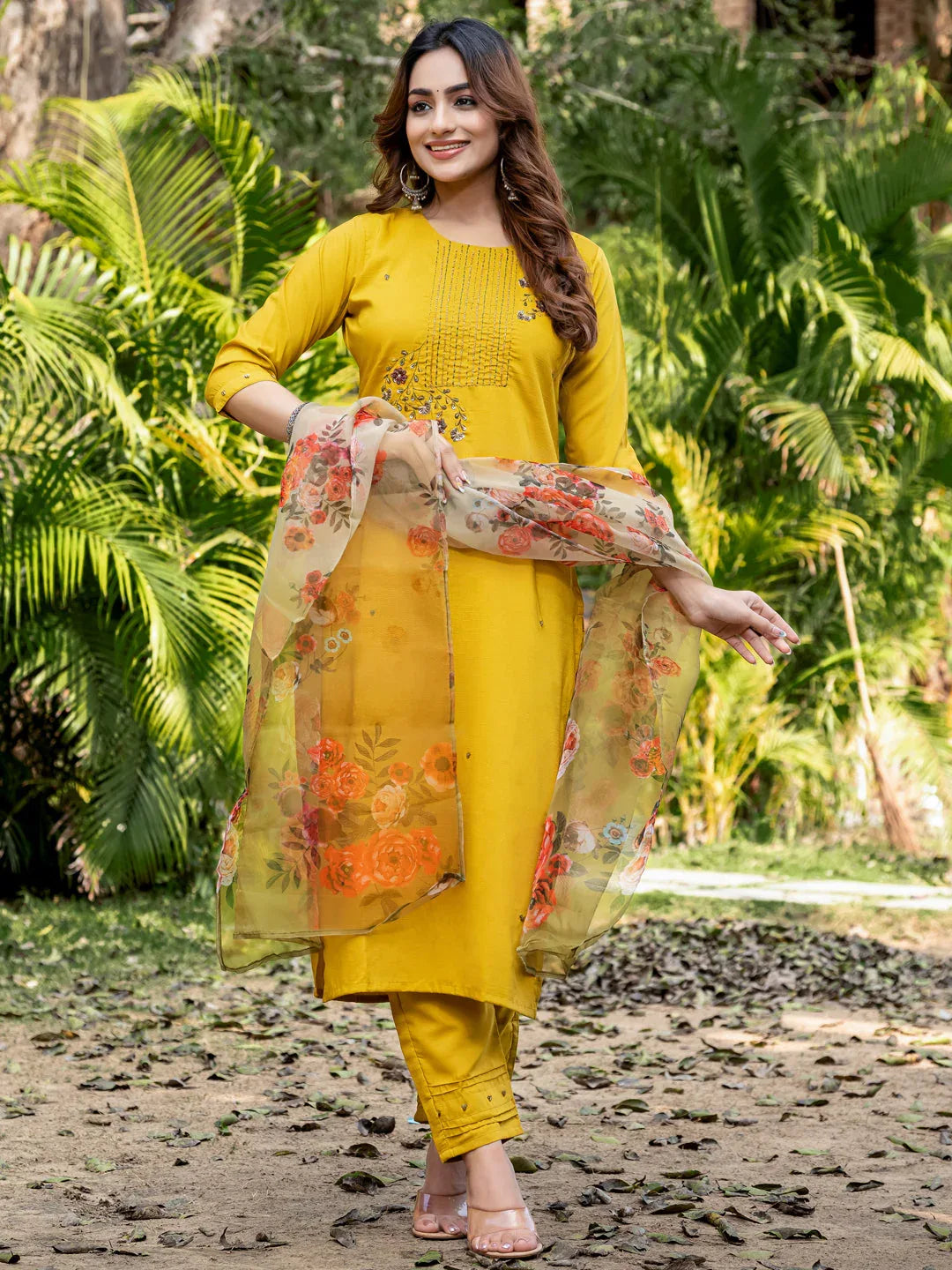 Hand Worked Silk Kurti Pant Dupatta Set for Women – Yellow - Evara Clothes