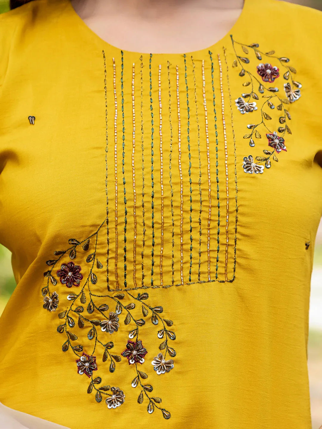 Hand Worked Silk Kurti Pant Dupatta Set for Women – Yellow - Evara Clothes