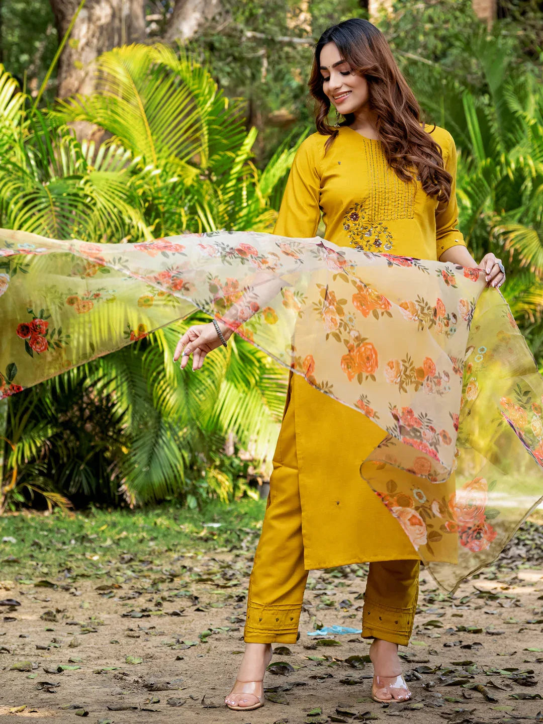 Hand Worked Silk Kurti Pant Dupatta Set for Women – Yellow - Evara Clothes