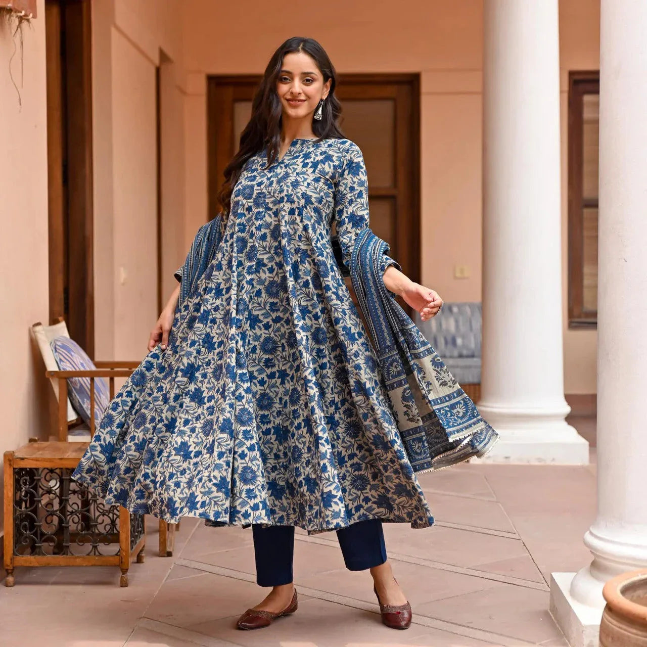 Rayon Printed Kurti Pant Dupatta Set for Women – Navy Blue - Evara Clothes