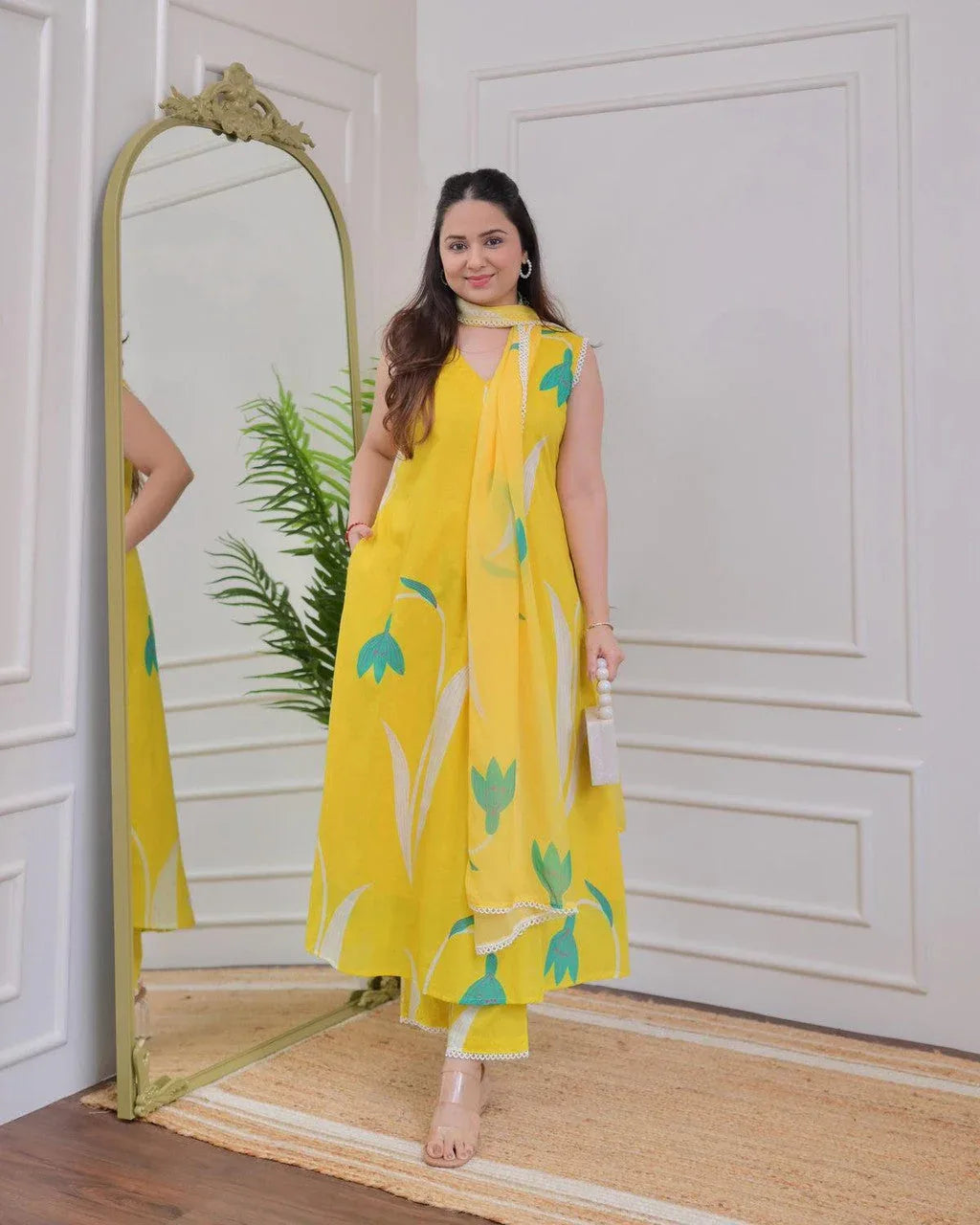 Rayon Printed Kurti Pant Dupatta Set for Women – Yellow - Evara Clothes