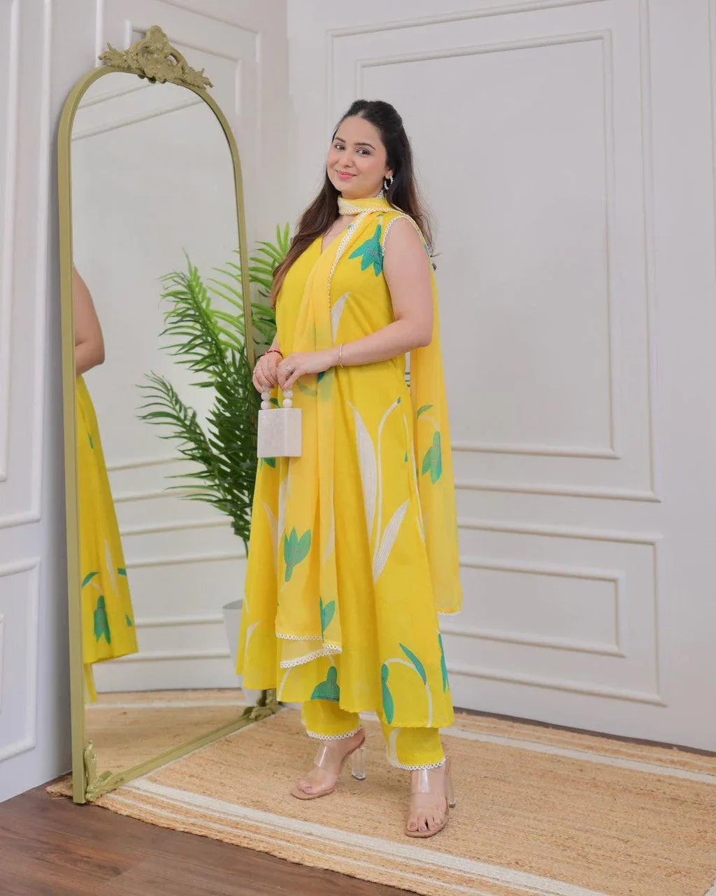 Rayon Printed Kurti Pant Dupatta Set for Women – Yellow - Evara Clothes