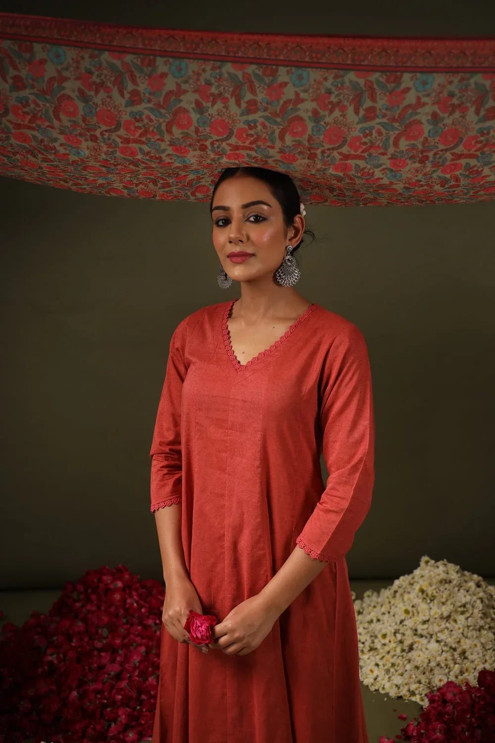 Rayon Printed Kurti Pant Dupatta Set for Women – Rust - Evara Clothes