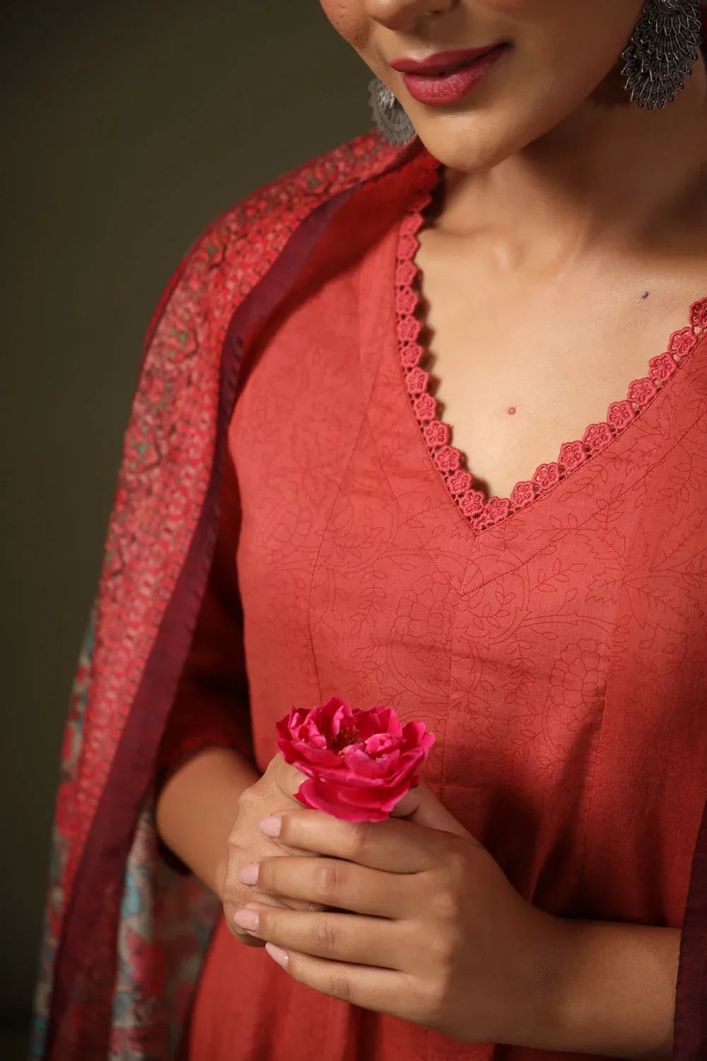 Rayon Printed Kurti Pant Dupatta Set for Women – Rust - Evara Clothes