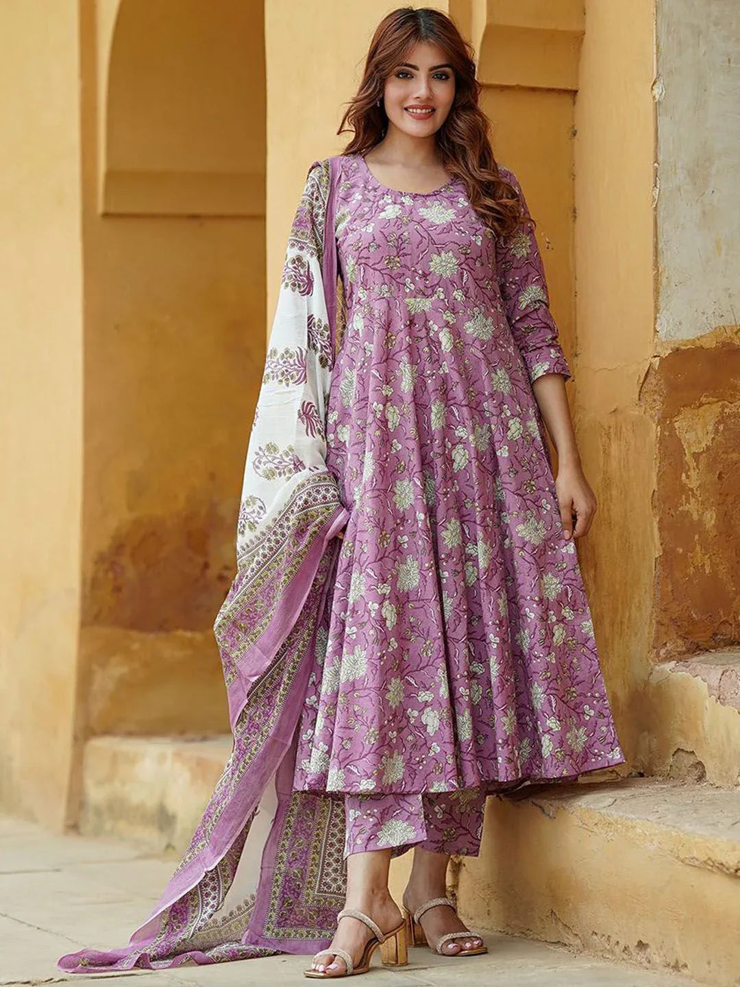 Rayon Printed Kurti Pant Dupatta Set for Women – Lavender - Evara Clothes