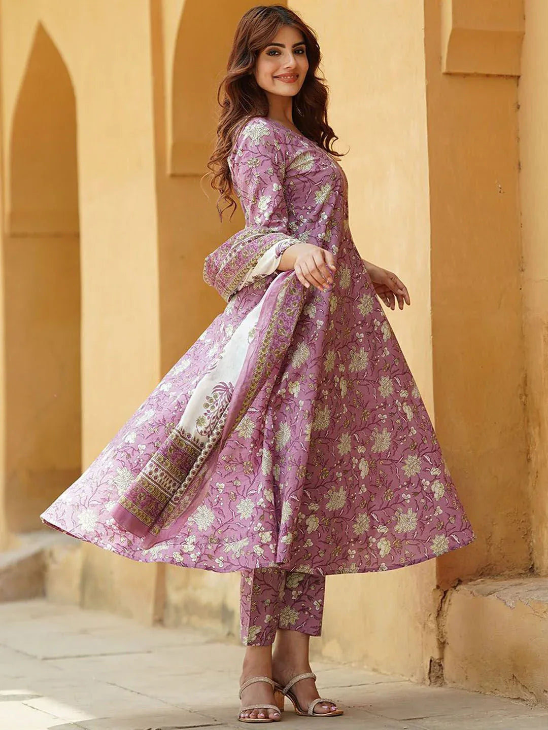 Rayon Printed Kurti Pant Dupatta Set for Women – Lavender - Evara Clothes