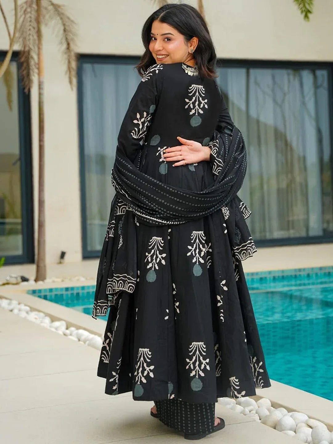 Rayon Printed Kurti Pant Dupatta Set for Women – Black - Evara Clothes