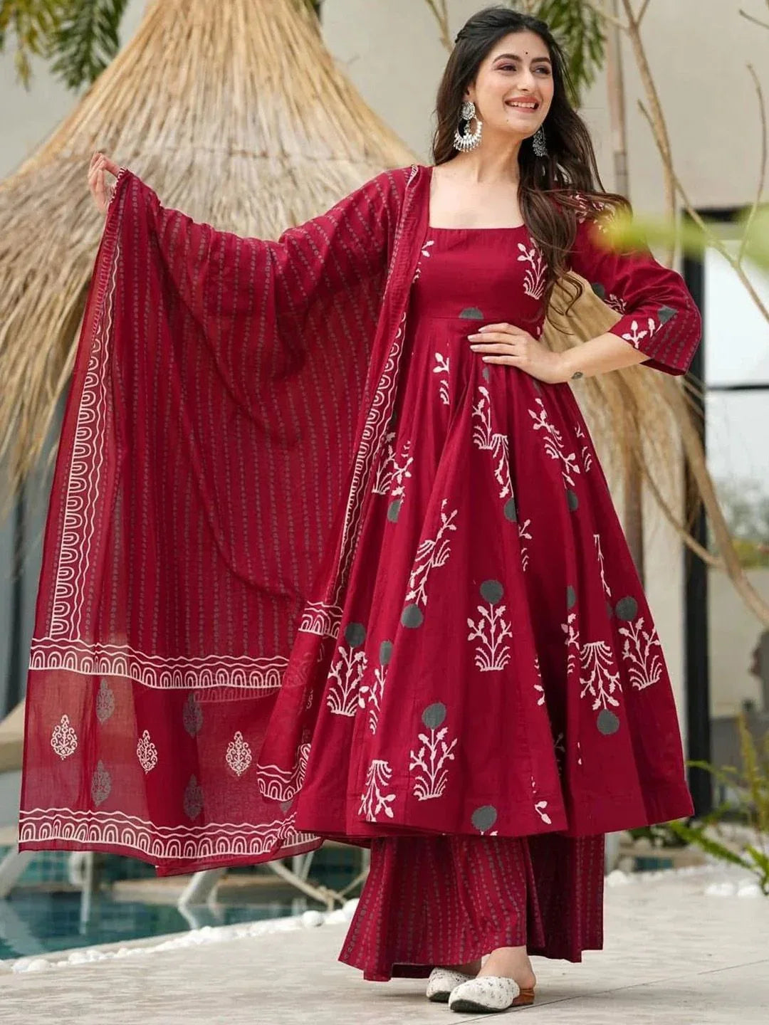 Rayon Printed Kurti Pant Dupatta Set for Women –Maroon - Evara Clothes