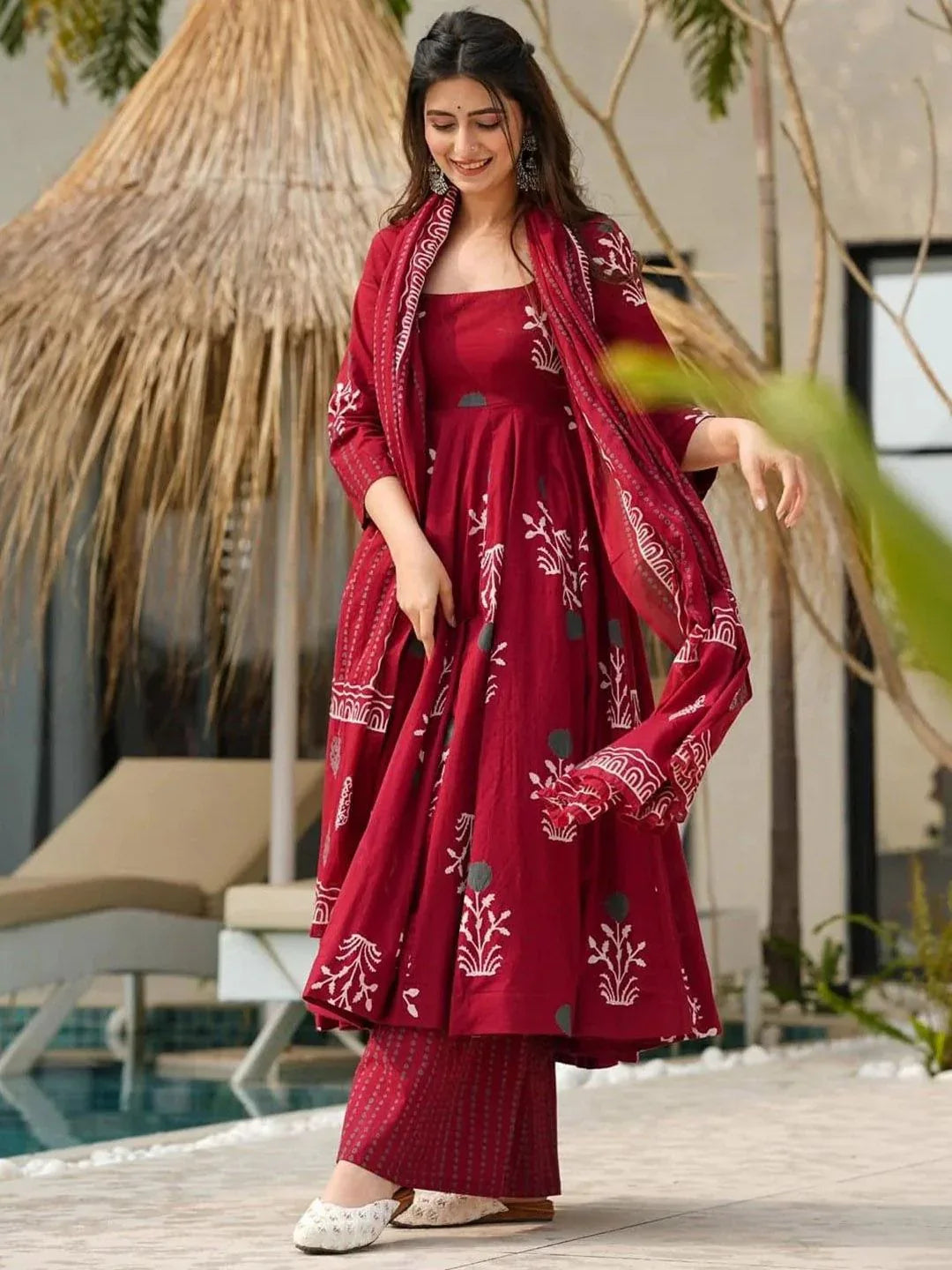 Rayon Printed Kurti Pant Dupatta Set for Women –Maroon - Evara Clothes