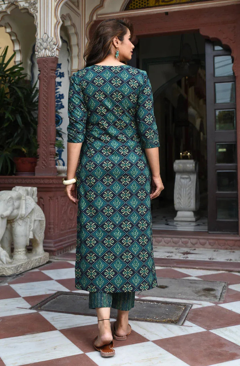 Rayon Printed Kurti Pant Dupatta Set for Women – Green - Evara Clothes
