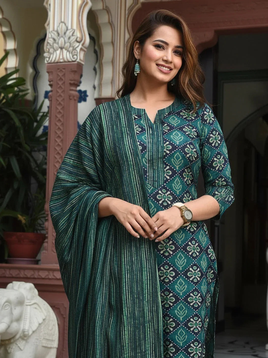 Rayon Printed Kurti Pant Dupatta Set for Women – Green - Evara Clothes