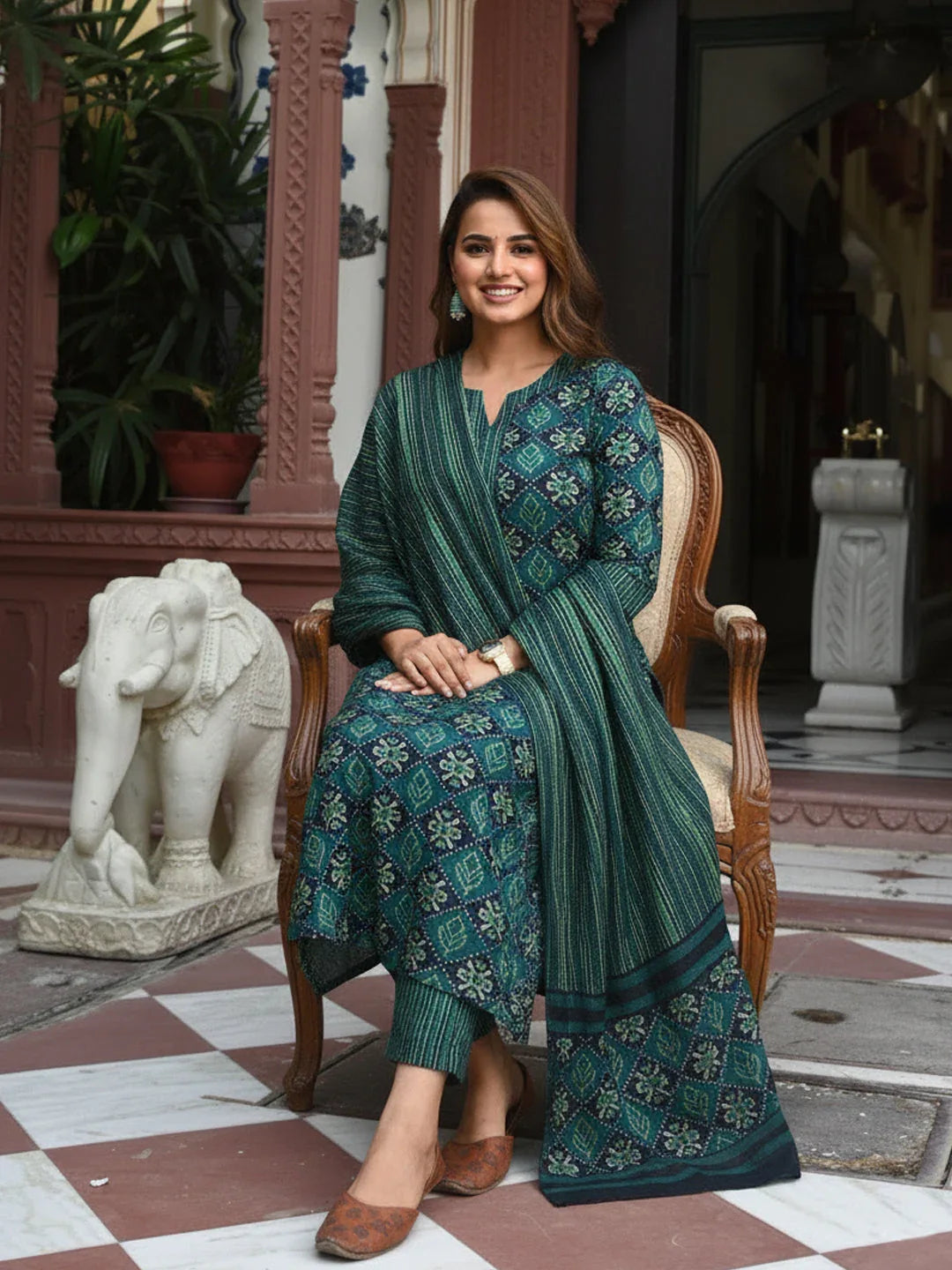 Rayon Printed Kurti Pant Dupatta Set for Women – Green - Evara Clothes
