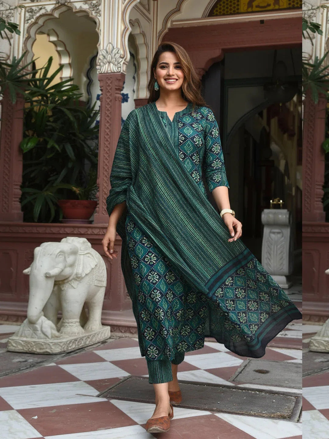 Rayon Printed Kurti Pant Dupatta Set for Women – Green - Evara Clothes