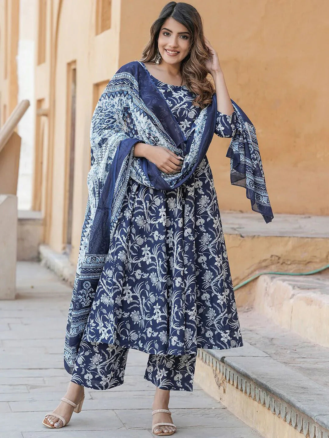 Rayon Printed Kurti Pant Dupatta Set for Women – Navy Blue - Evara Clothes