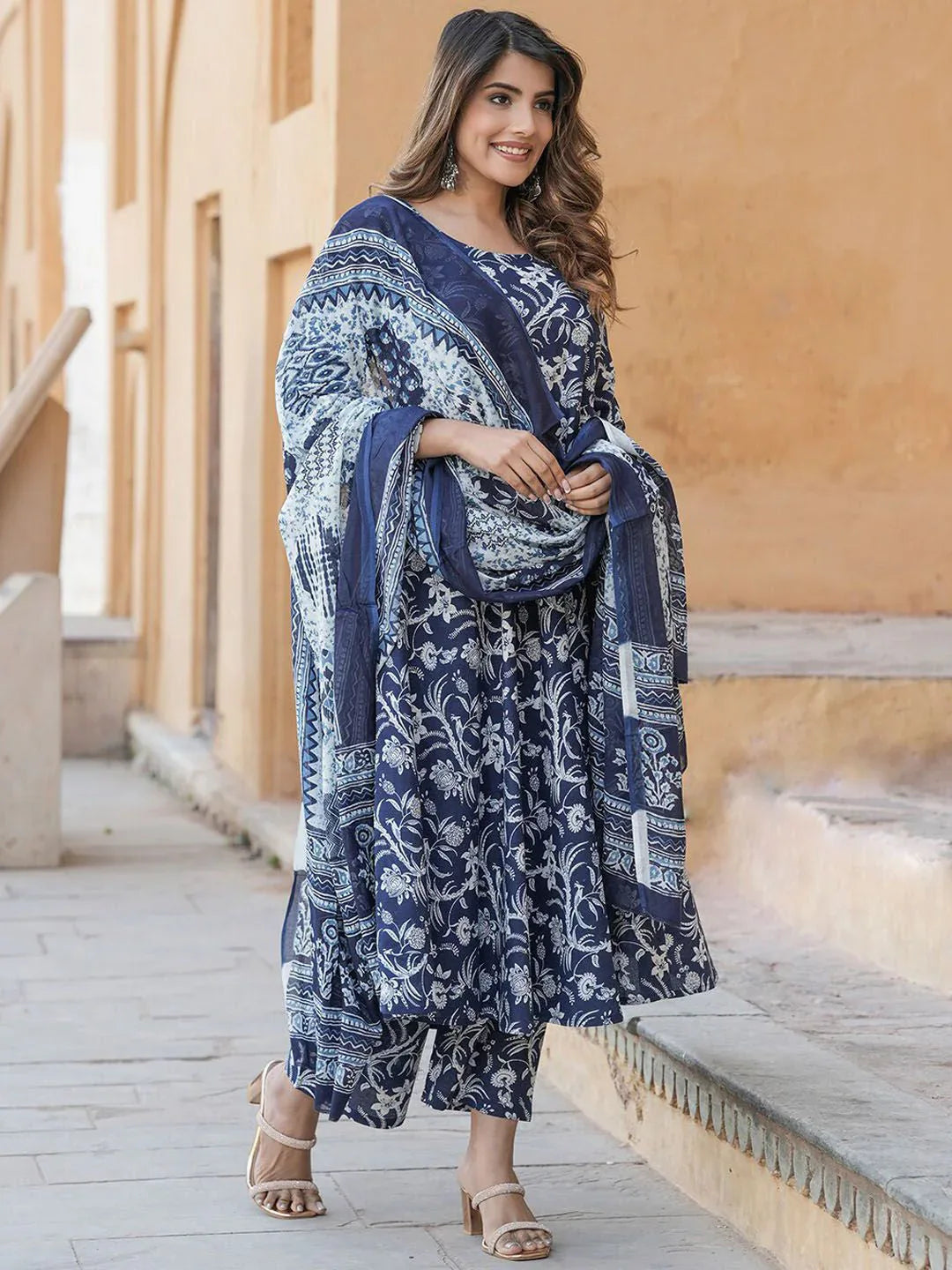 Rayon Printed Kurti Pant Dupatta Set for Women – Navy Blue - Evara Clothes