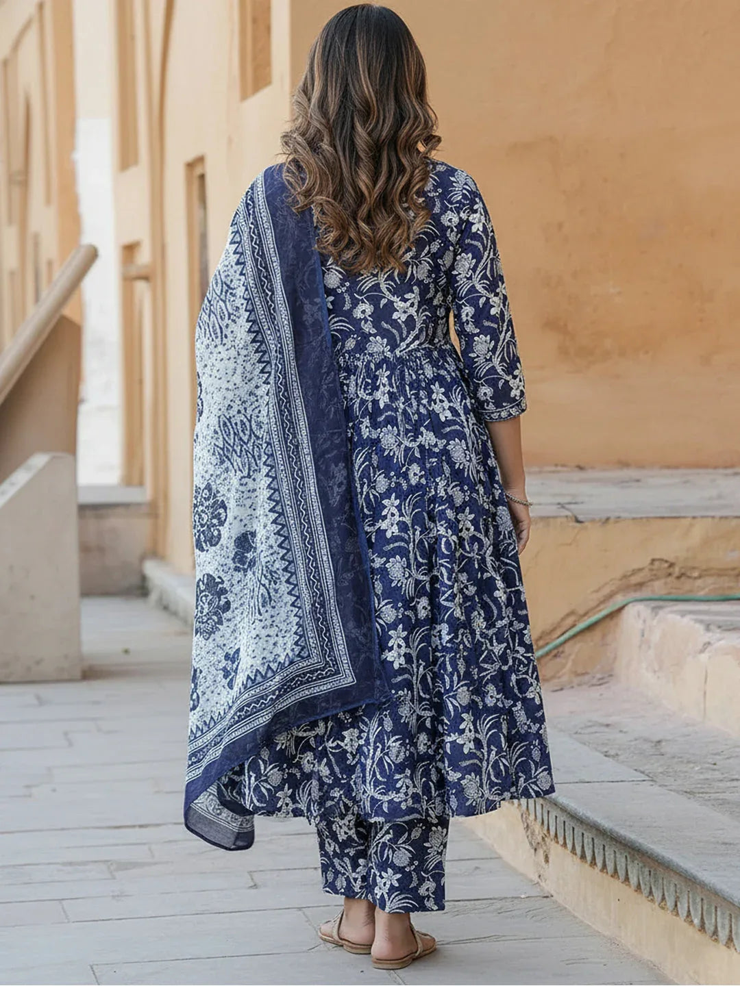 Rayon Printed Kurti Pant Dupatta Set for Women – Navy Blue - Evara Clothes