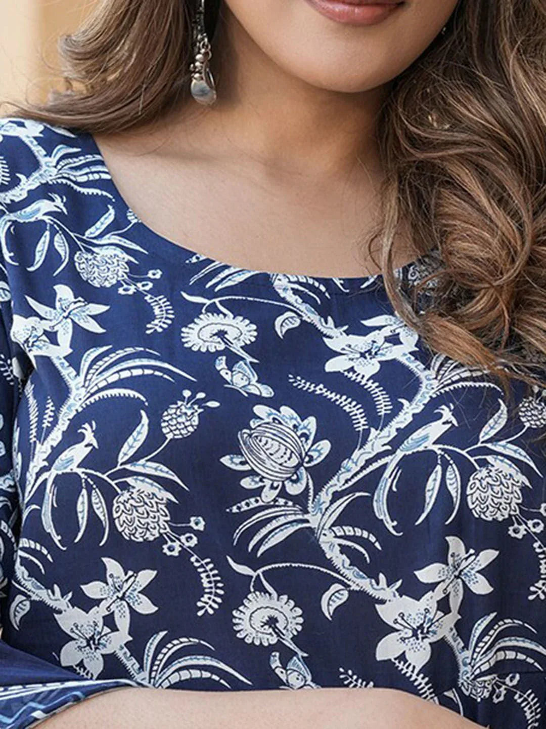 Rayon Printed Kurti Pant Dupatta Set for Women – Navy Blue - Evara Clothes