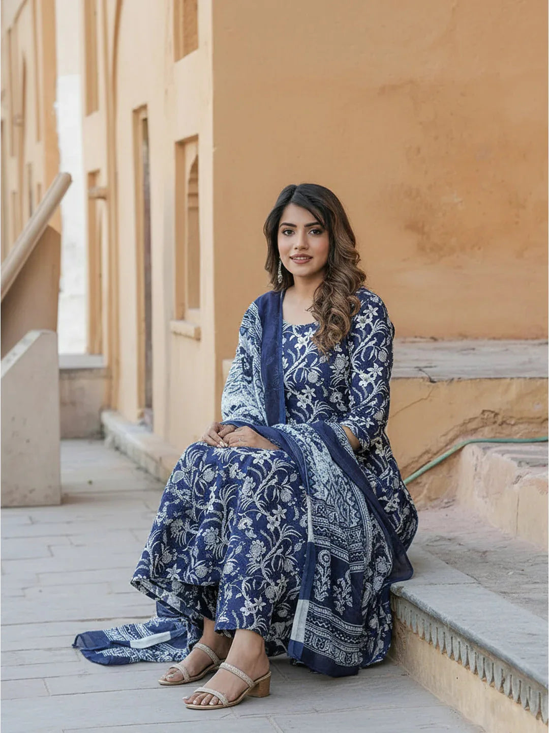 Rayon Printed Kurti Pant Dupatta Set for Women – Navy Blue - Evara Clothes
