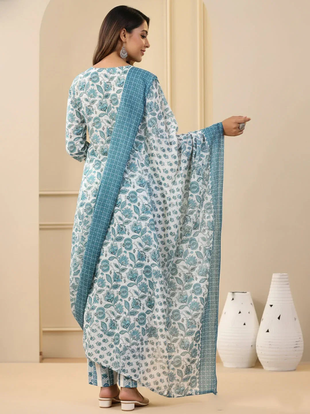 Rayon Printed Kurti Pant Dupatta Set for Women – White - Evara Clothes