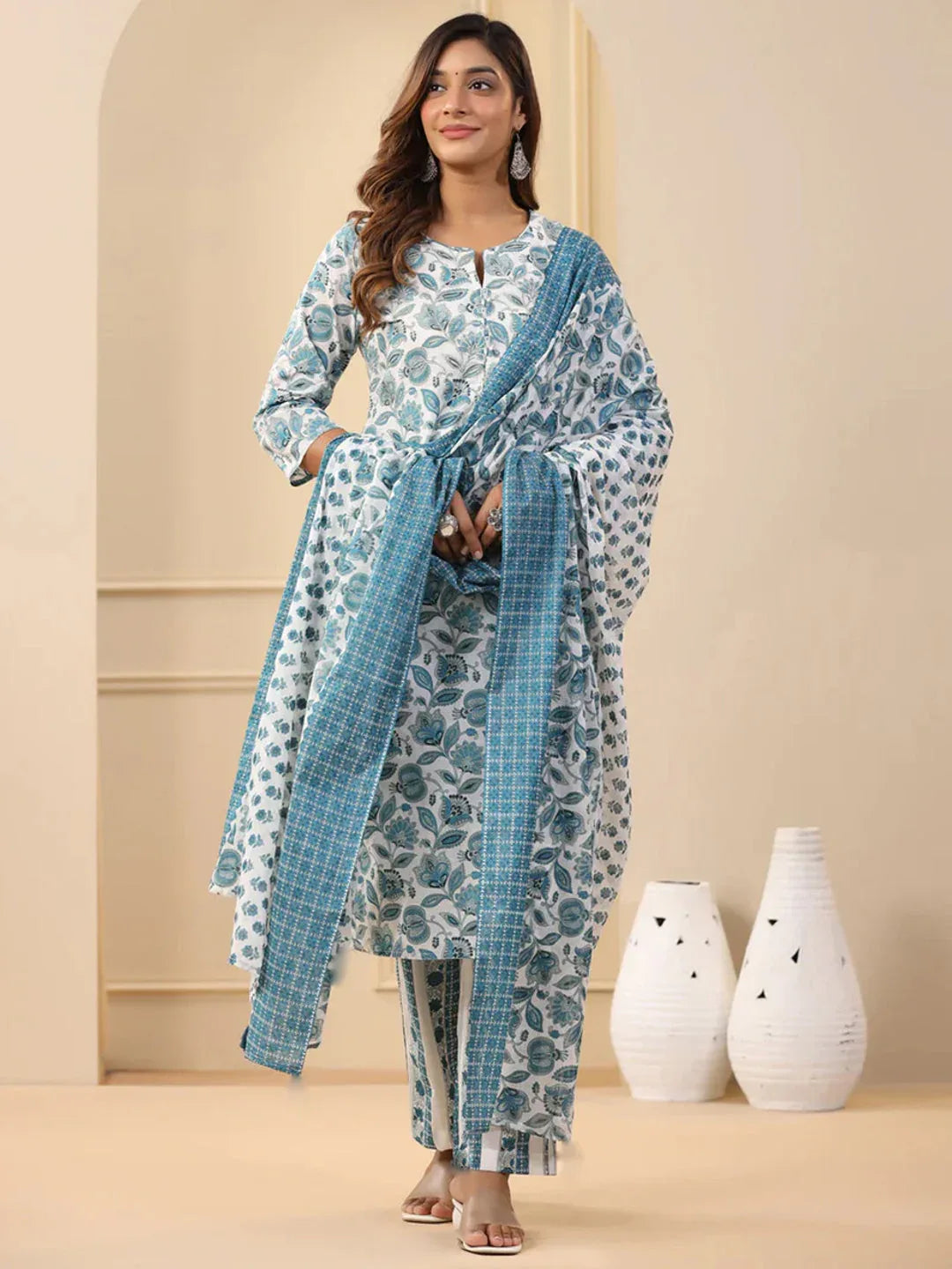 Rayon Printed Kurti Pant Dupatta Set for Women – White - Evara Clothes