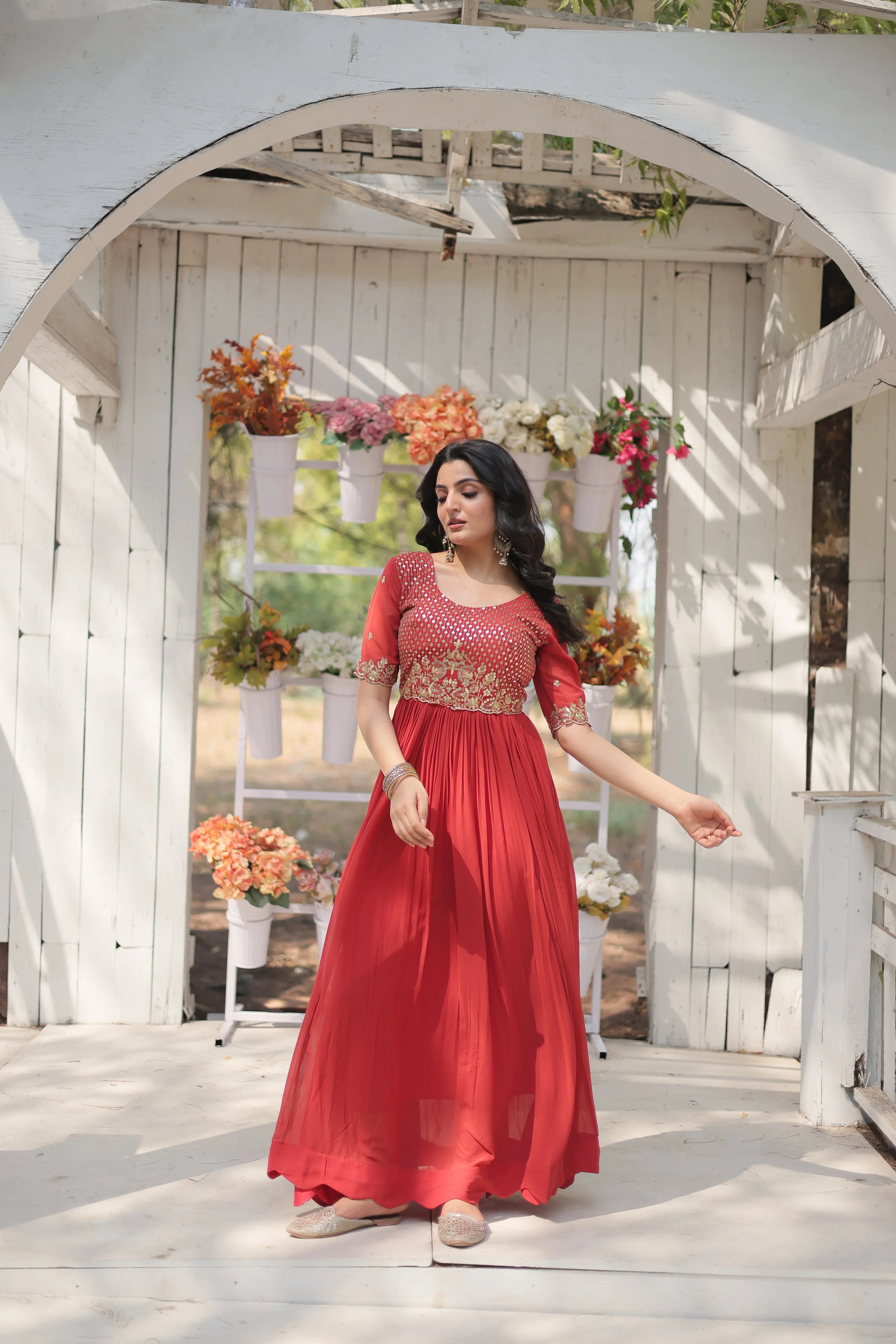 Premium Designer Zari & Sequins Embroidered Readymade Gown - Evara Clothes