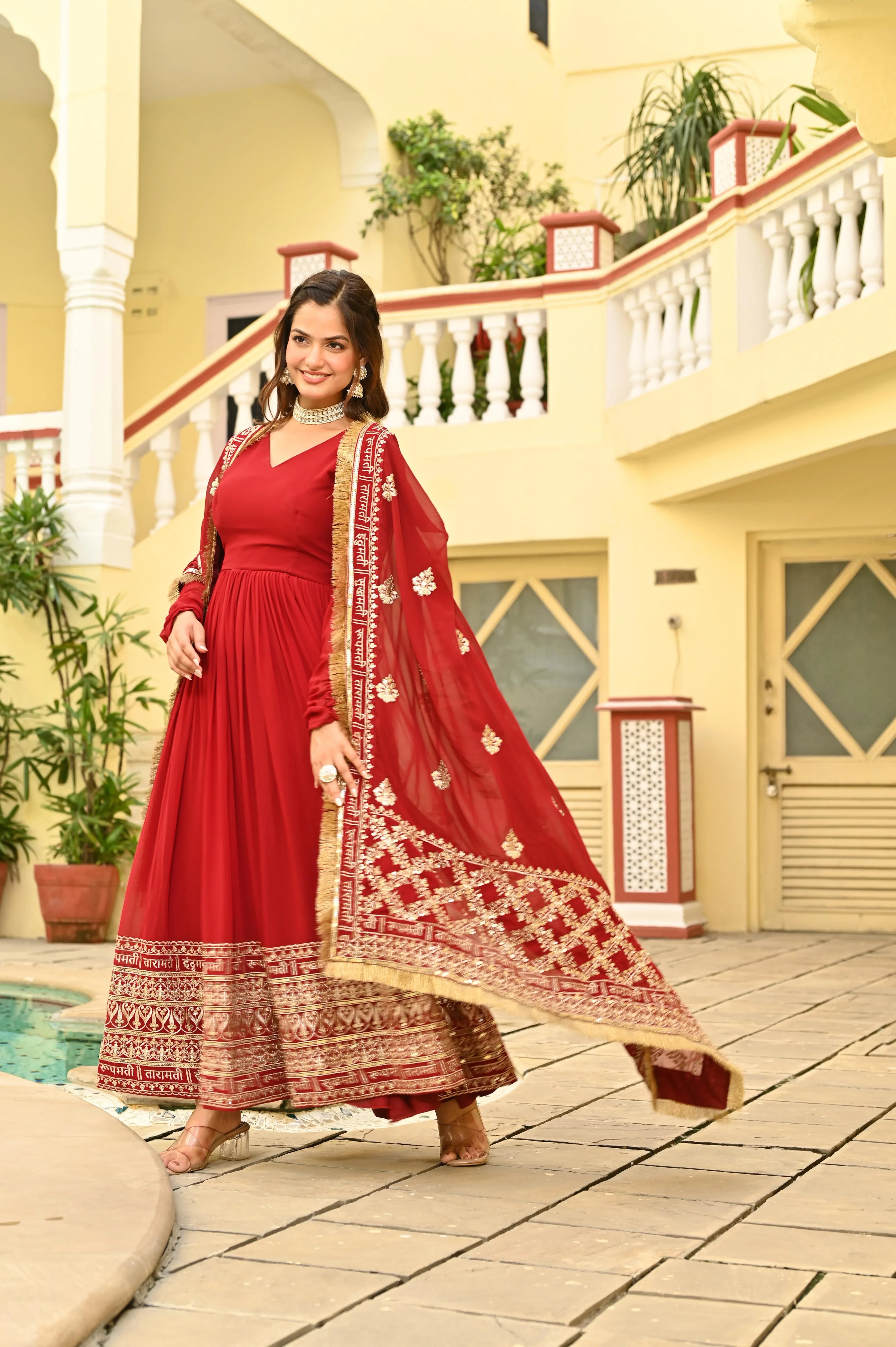 Designer Full-Sleeve Red Gown with Cotton Lining & Dupatta - Evara Clothes