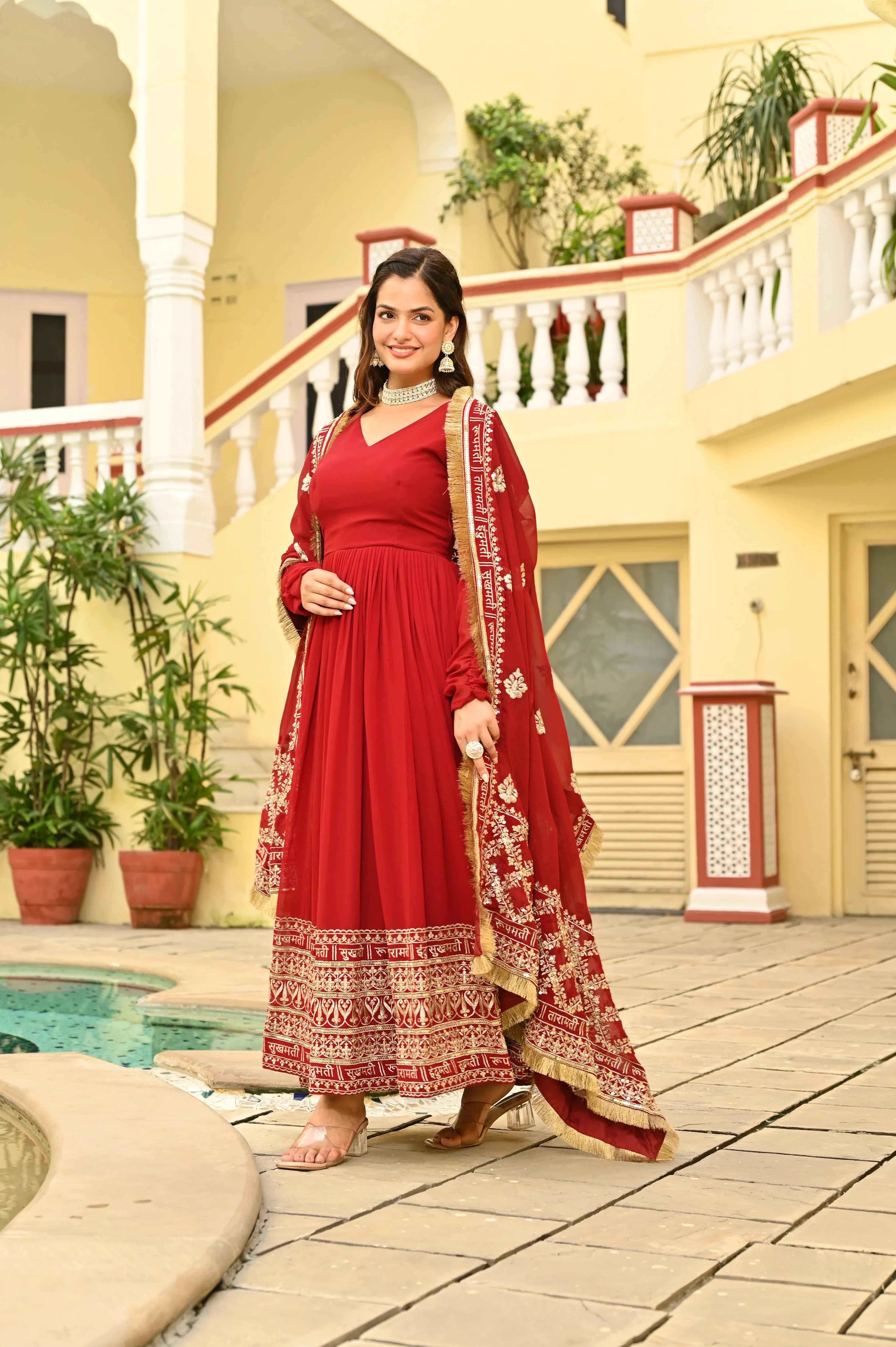 Designer Full-Sleeve Red Gown with Cotton Lining & Dupatta - Evara Clothes