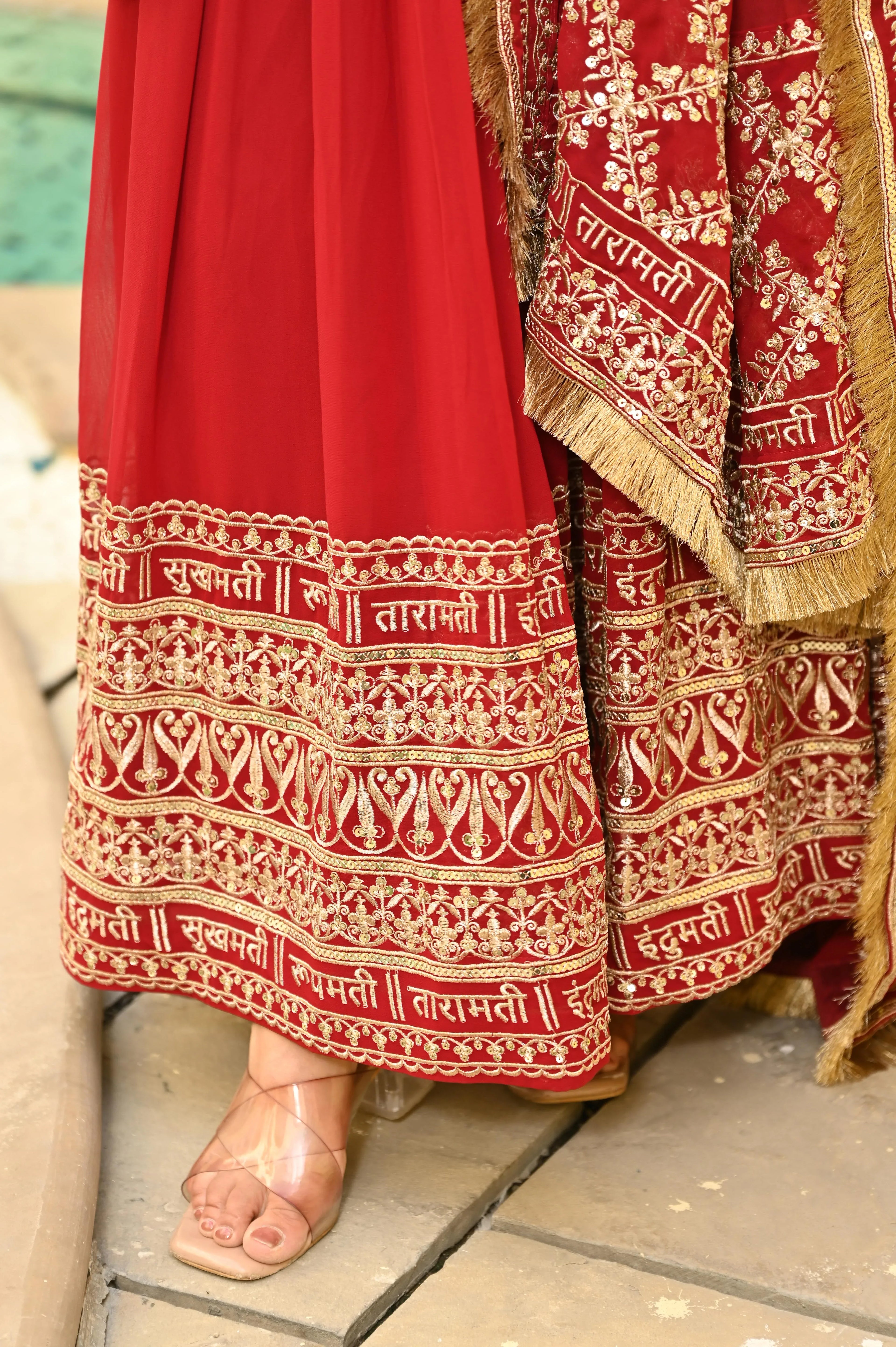 Designer Full-Sleeve Red Gown with Cotton Lining & Dupatta - Evara Clothes