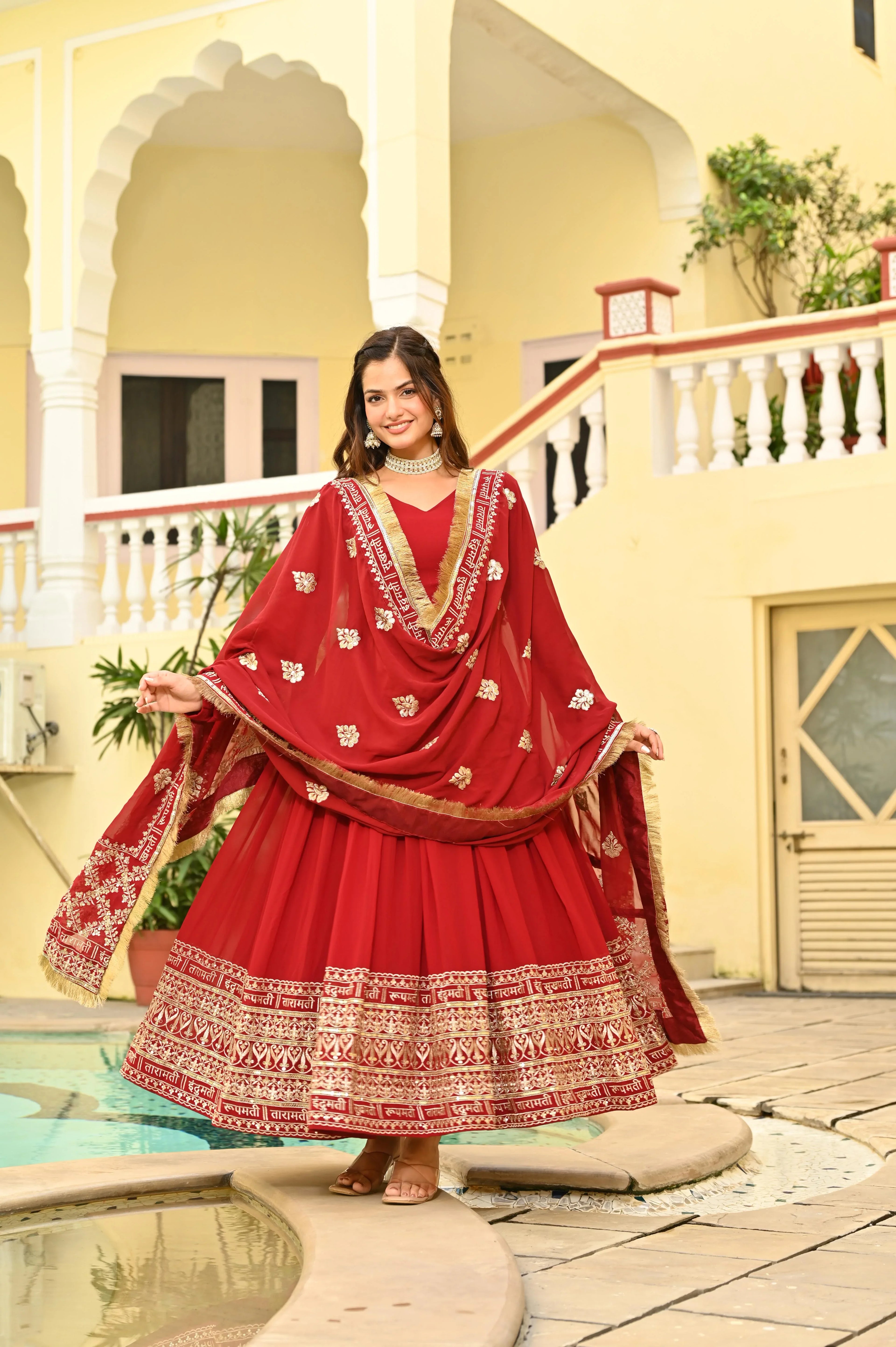 Designer Full-Sleeve Red Gown with Cotton Lining & Dupatta - Evara Clothes