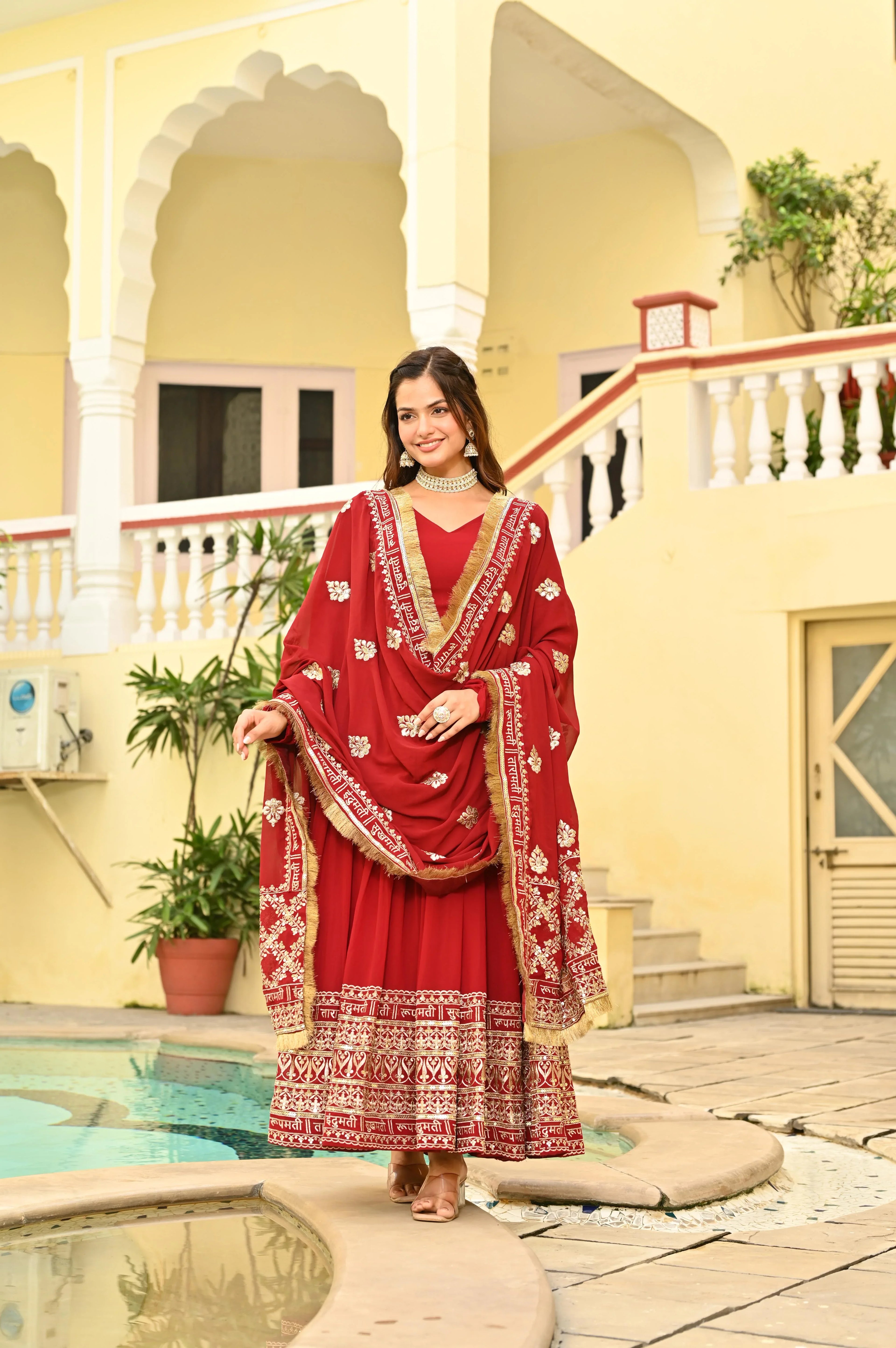 Designer Full-Sleeve Red Gown with Cotton Lining & Dupatta - Evara Clothes