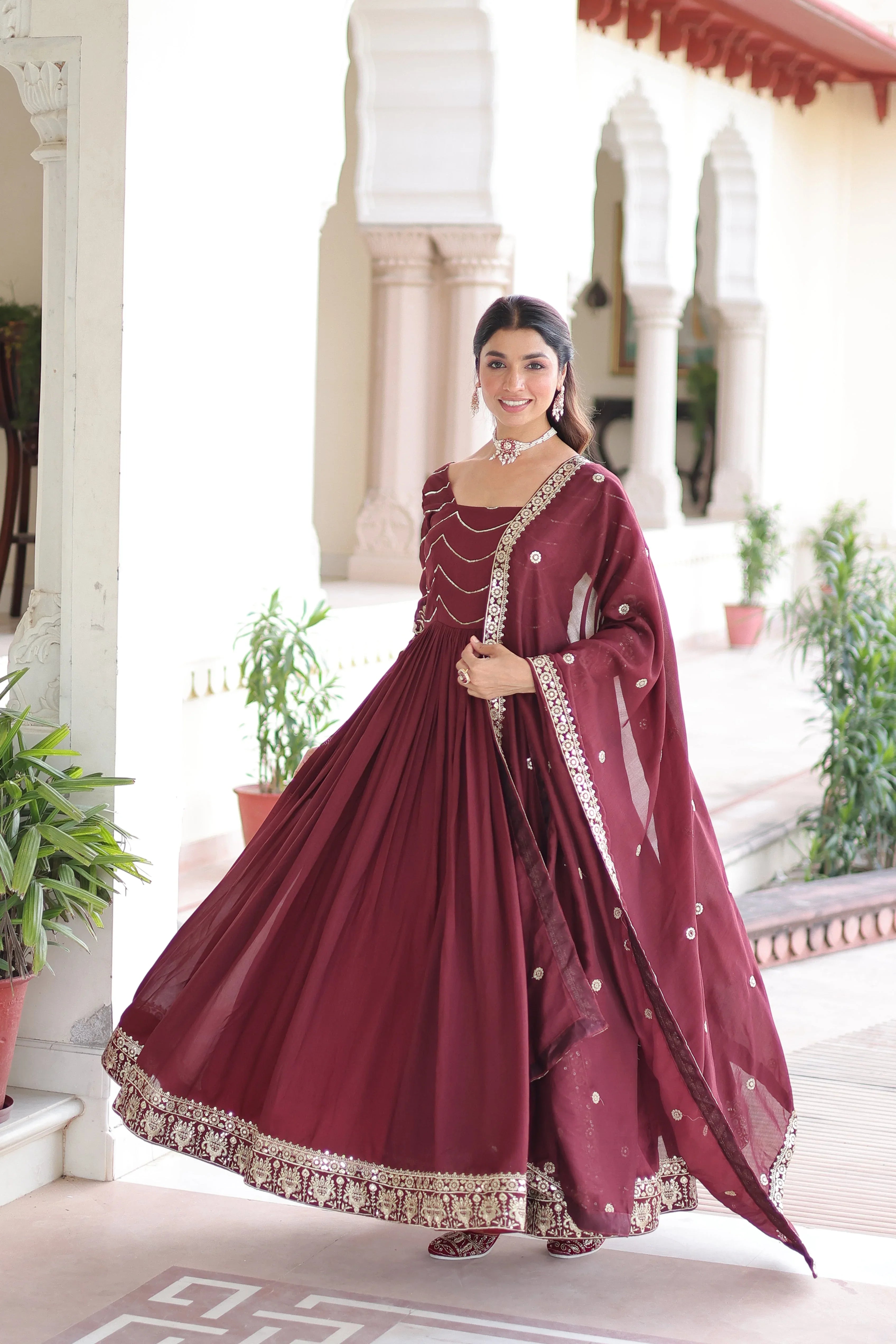 Premium Ready-Made Gown with Canvas Stitch & Dupatta - Evara Clothes