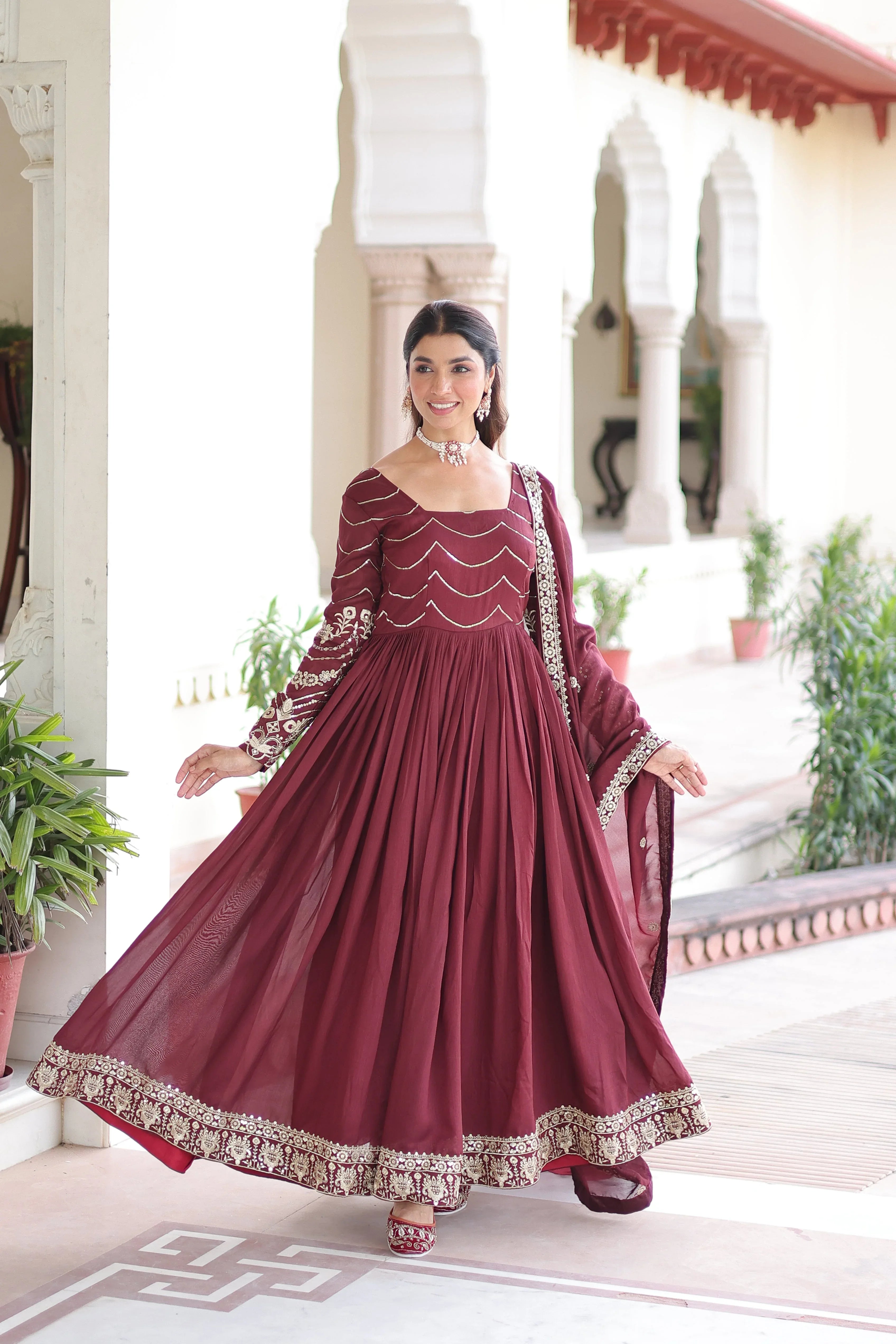 Premium Ready-Made Gown with Canvas Stitch & Dupatta - Evara Clothes