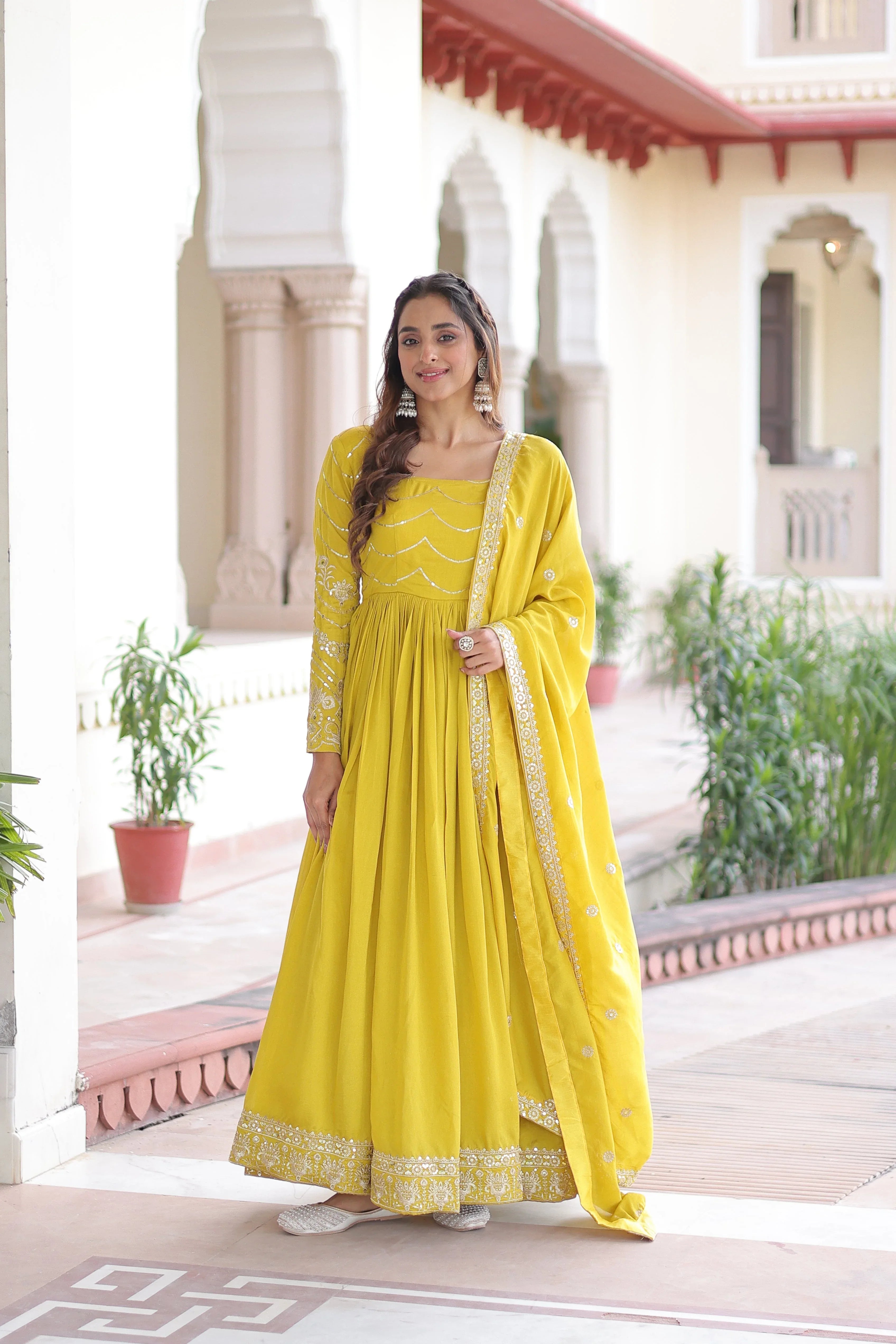 Premium Ready-Made Gown with Canvas Stitch & Dupatta - Evara Clothes