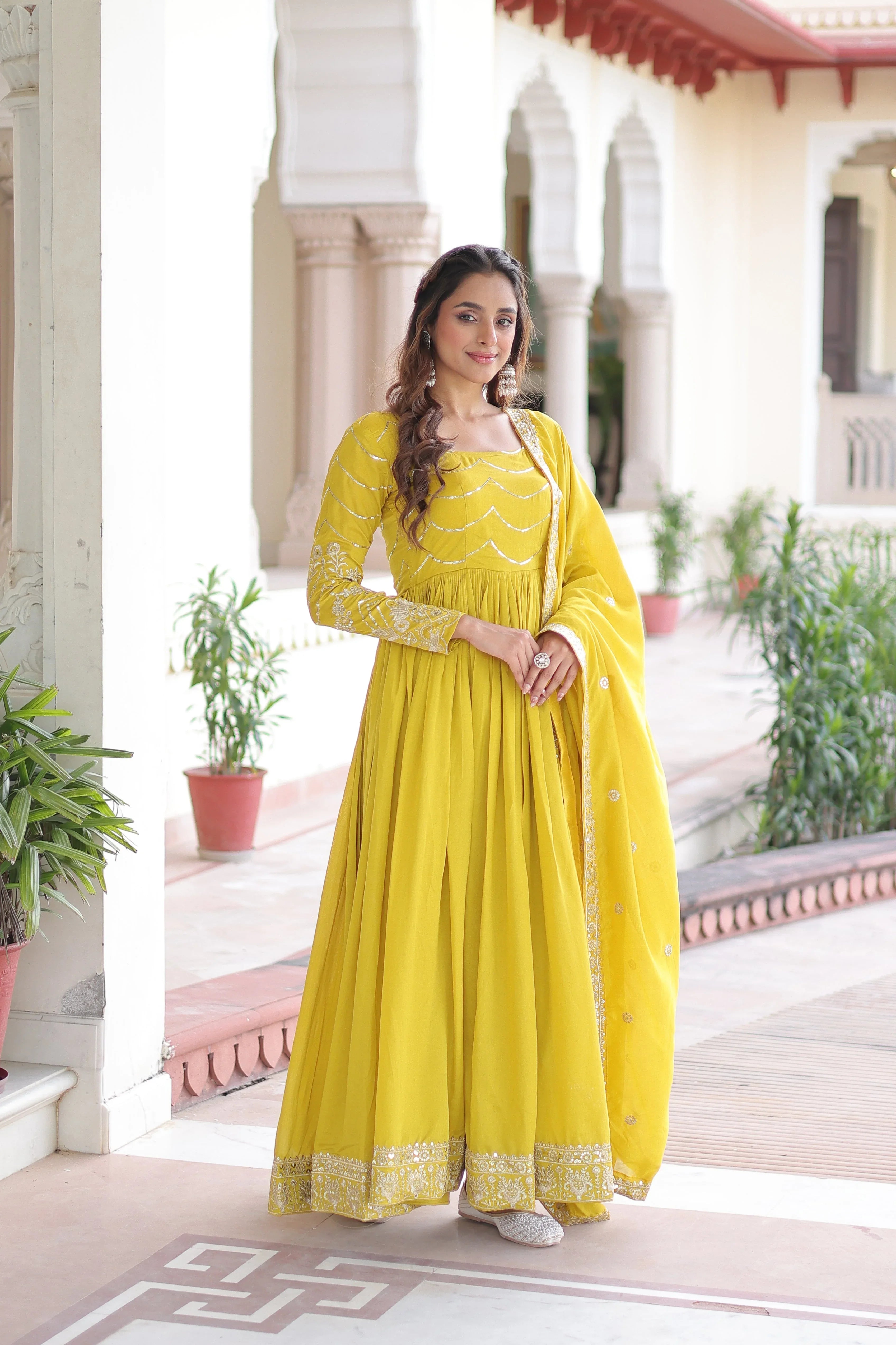 Premium Ready-Made Gown with Canvas Stitch & Dupatta - Evara Clothes