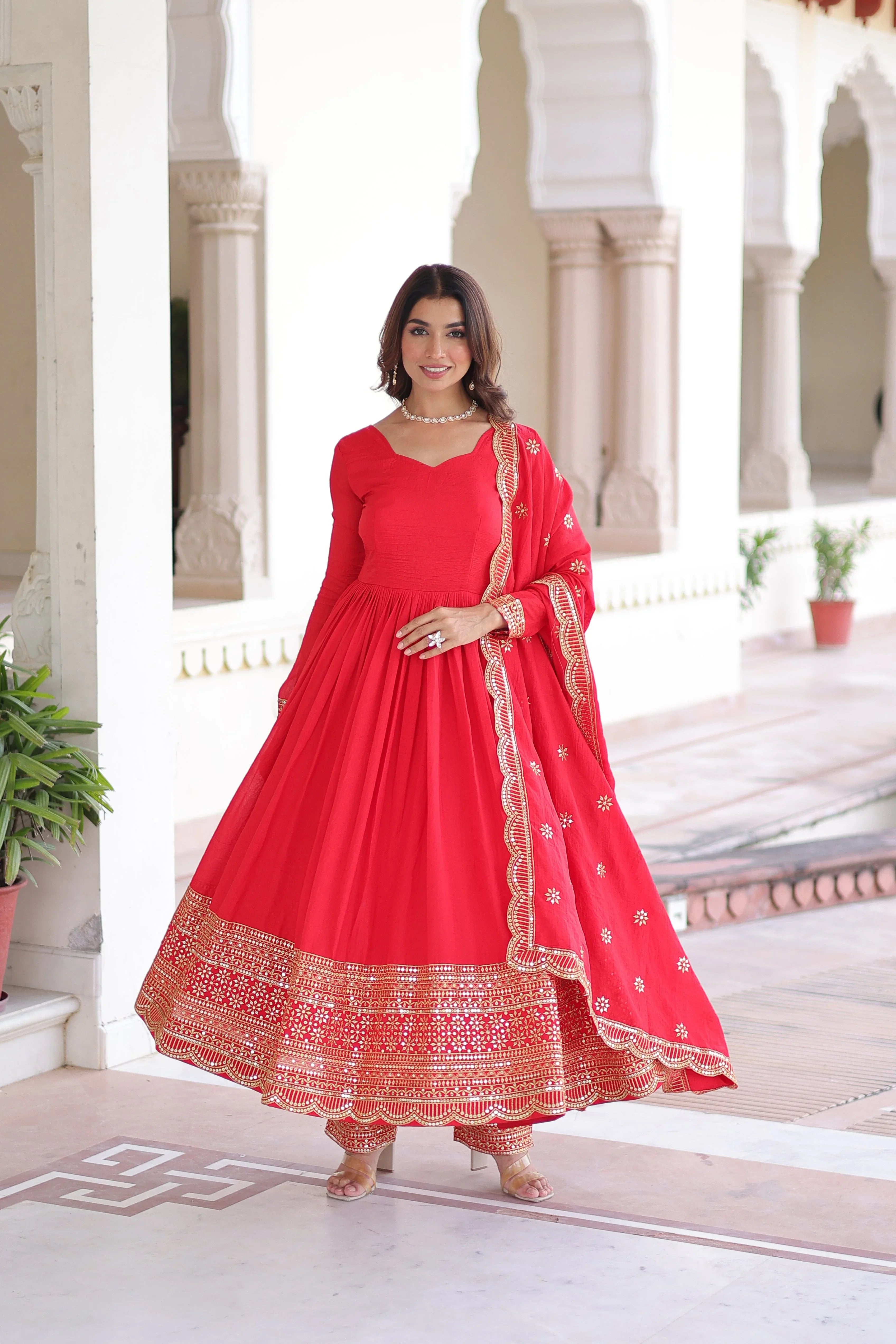 Designer Red Gown Suit with Canvas Stitch & Elastic Waist Pant - Evara Clothes