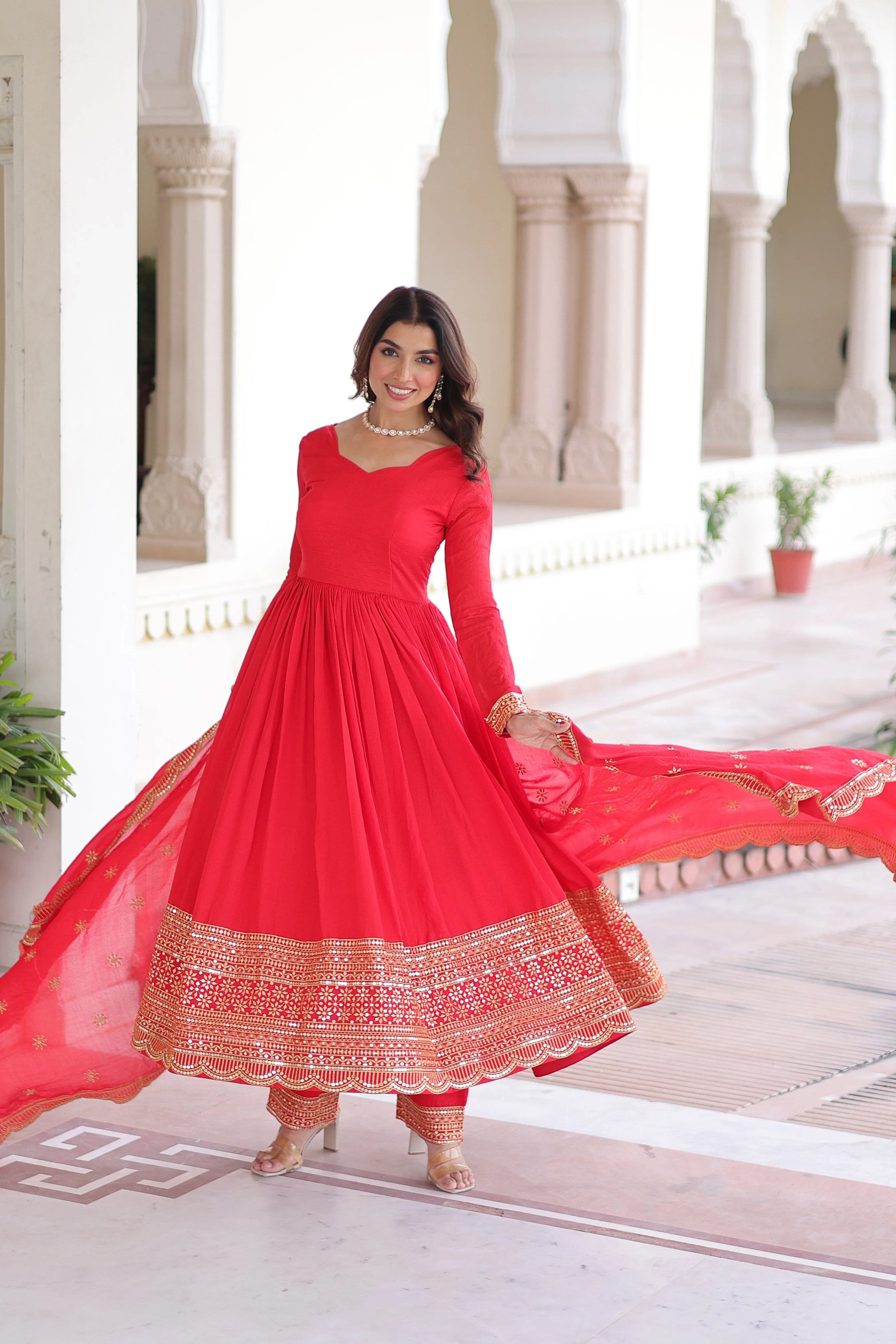 Designer Red Gown Suit with Canvas Stitch & Elastic Waist Pant - Evara Clothes