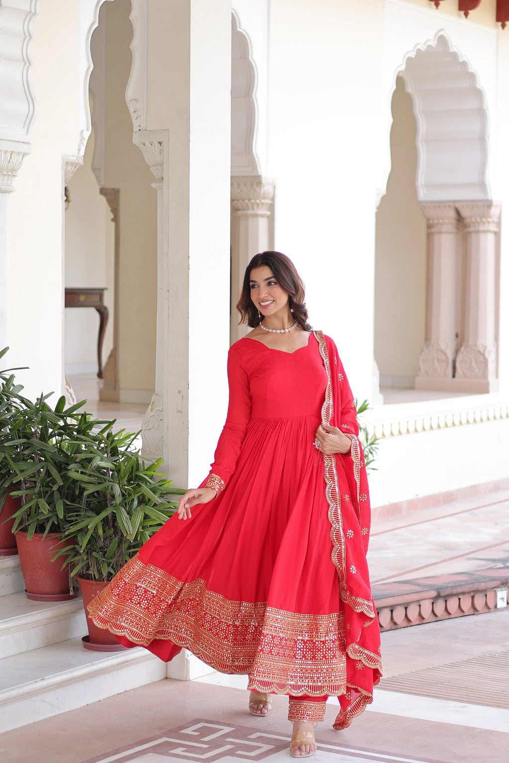 Designer Red Gown Suit with Canvas Stitch & Elastic Waist Pant - Evara Clothes