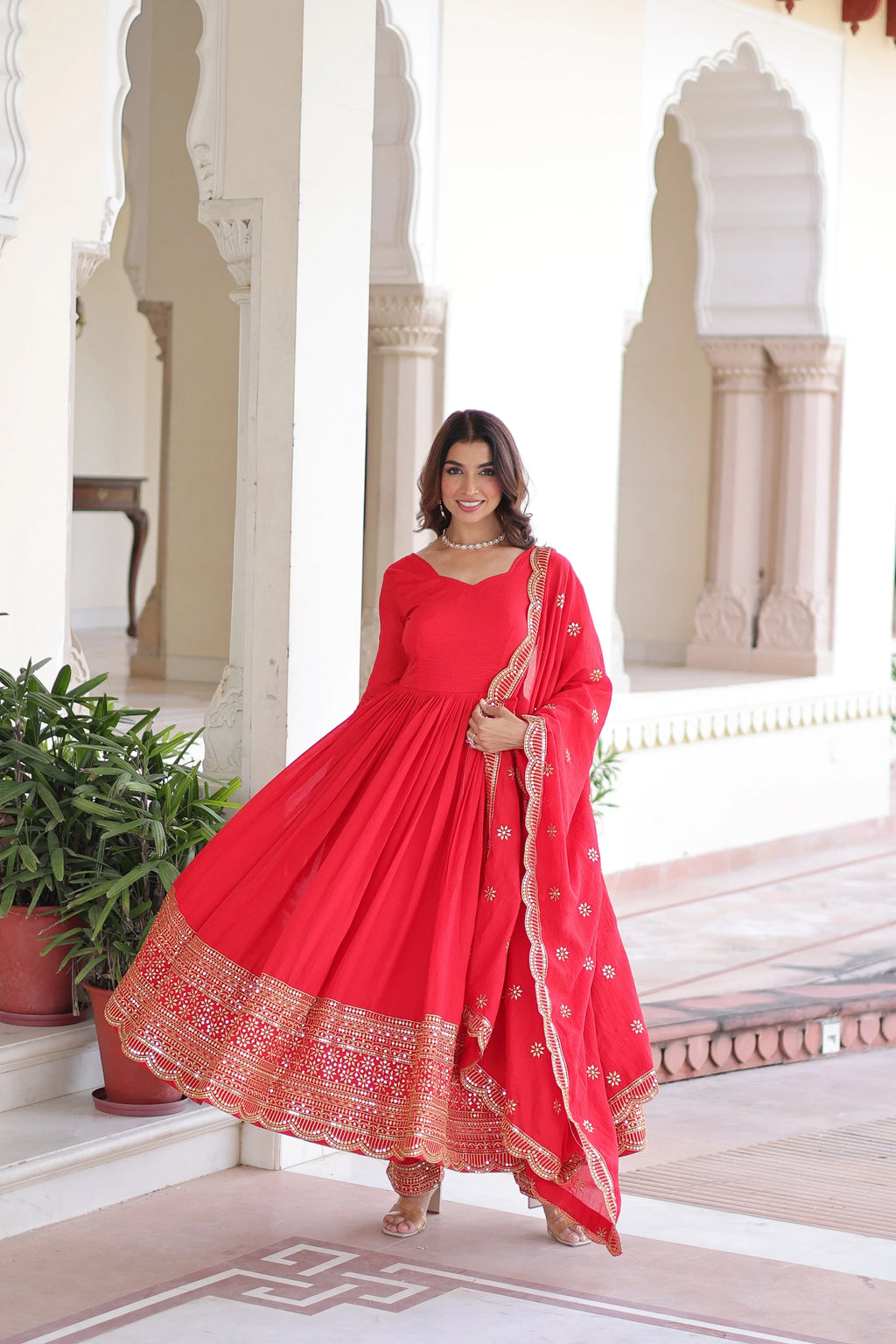 Designer Red Gown Suit with Canvas Stitch & Elastic Waist Pant - Evara Clothes