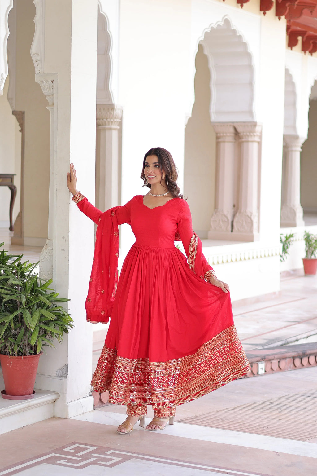 Designer Red Gown Suit with Canvas Stitch & Elastic Waist Pant - Evara Clothes