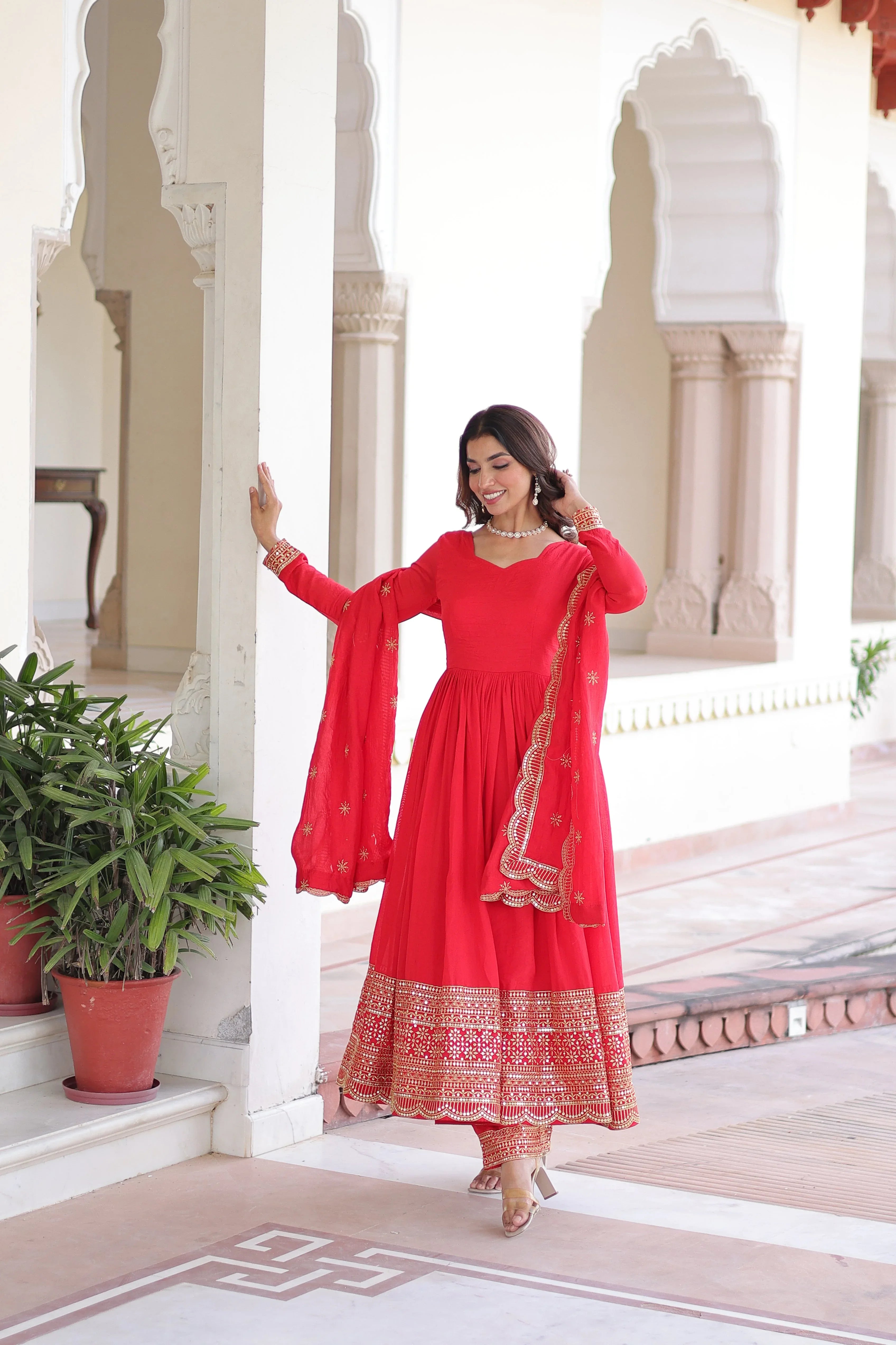 Designer Red Gown Suit with Canvas Stitch & Elastic Waist Pant - Evara Clothes