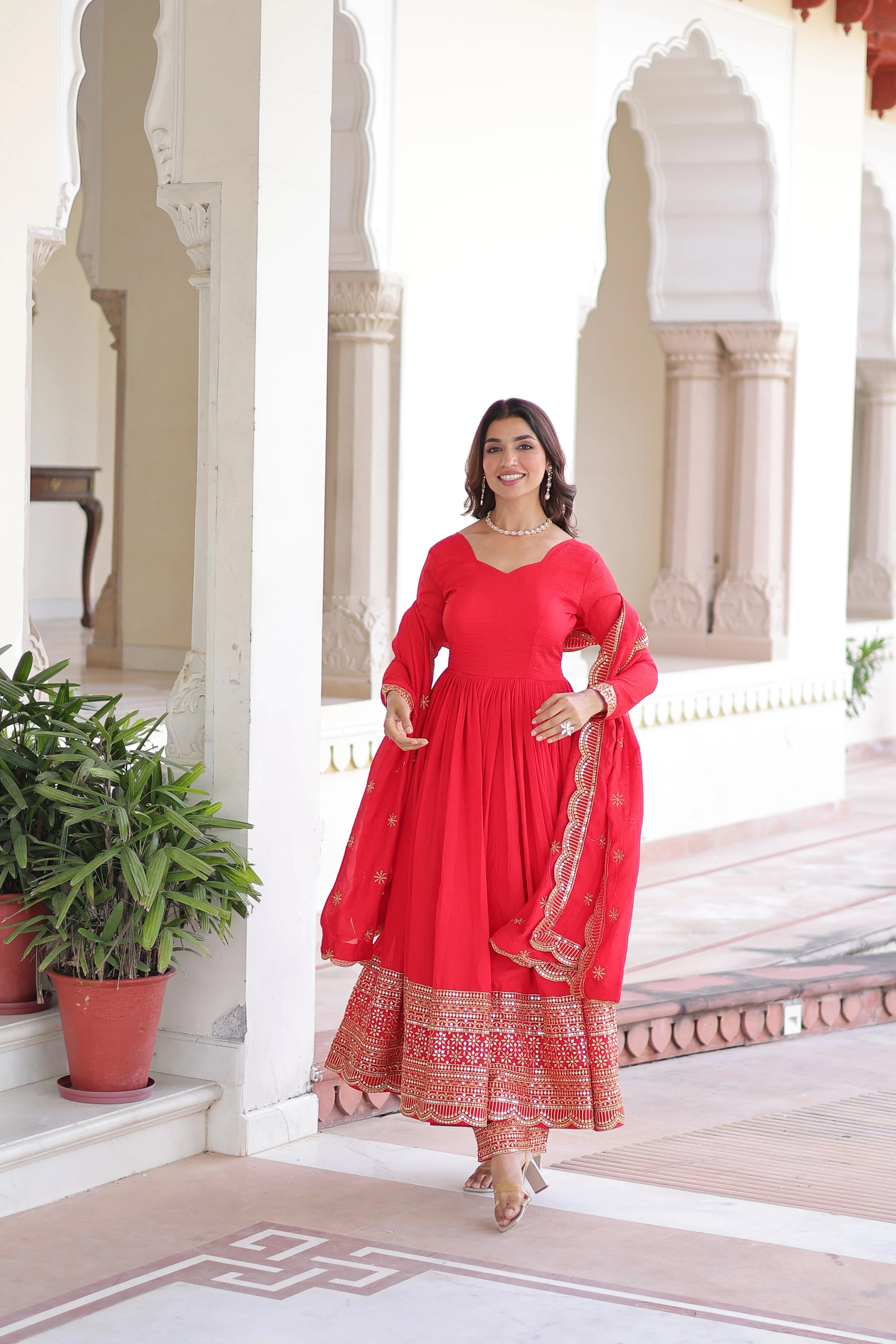Designer Red Gown Suit with Canvas Stitch & Elastic Waist Pant - Evara Clothes
