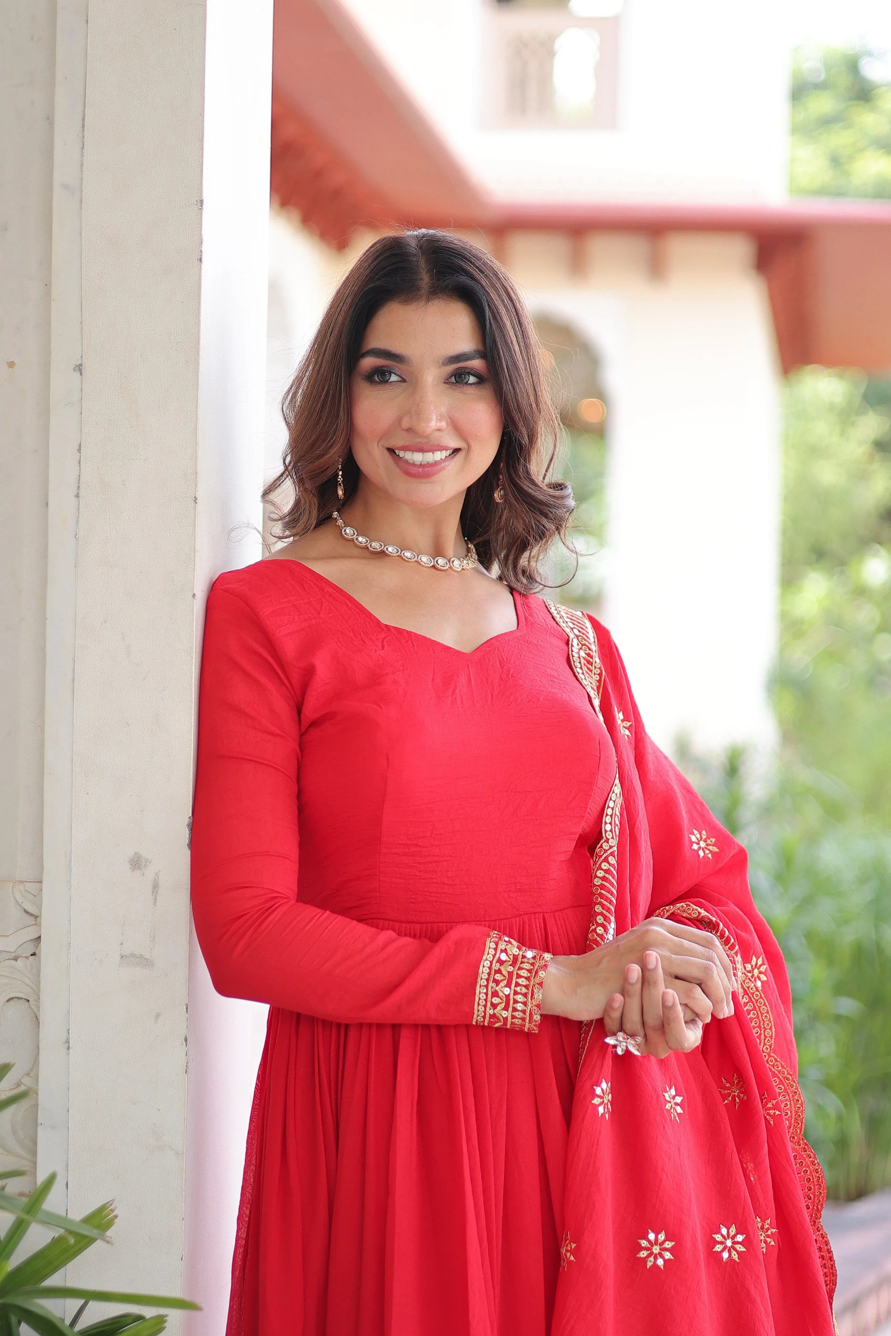 Designer Red Gown Suit with Canvas Stitch & Elastic Waist Pant - Evara Clothes