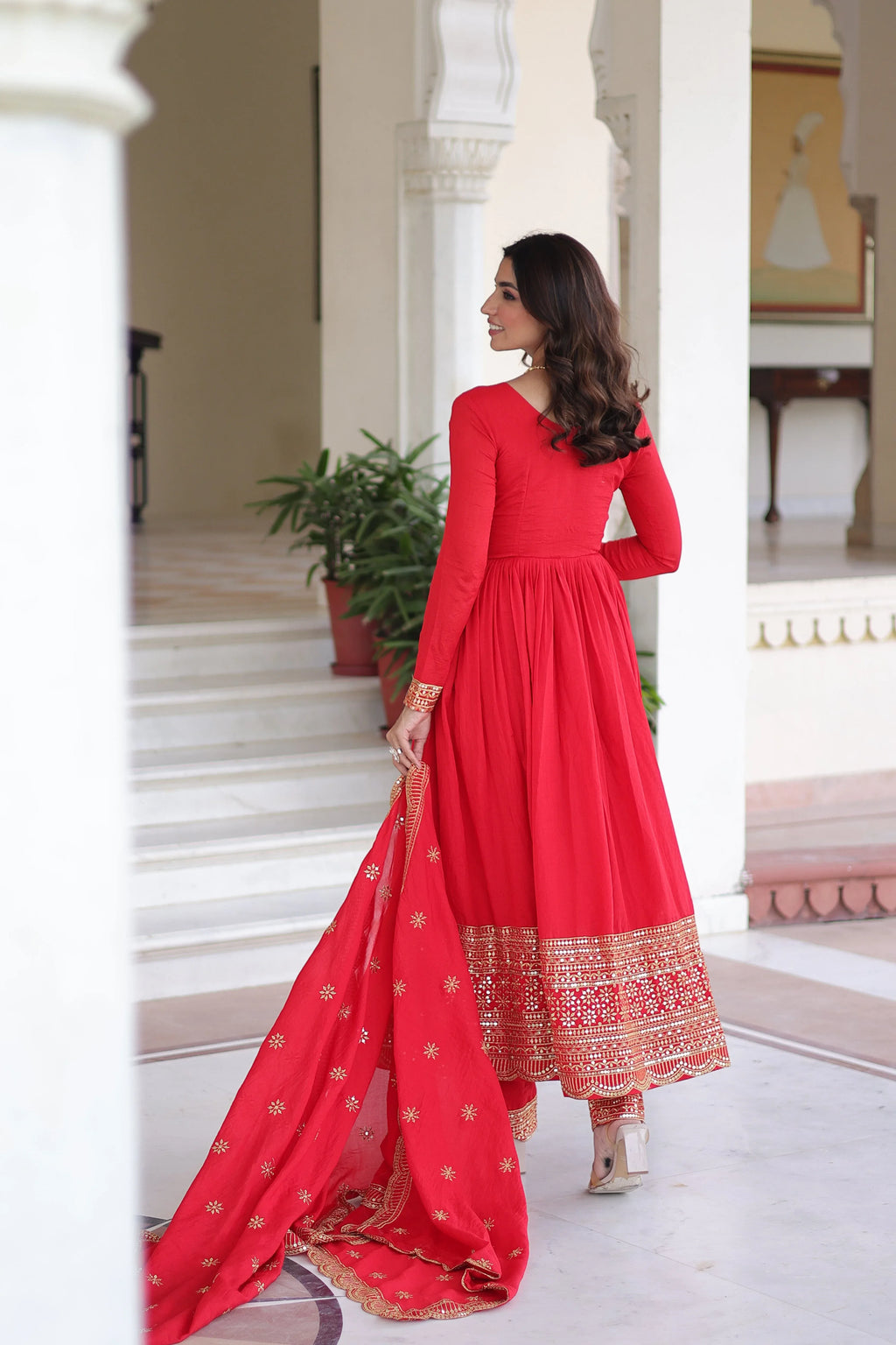 Designer Red Gown Suit with Canvas Stitch & Elastic Waist Pant - Evara Clothes